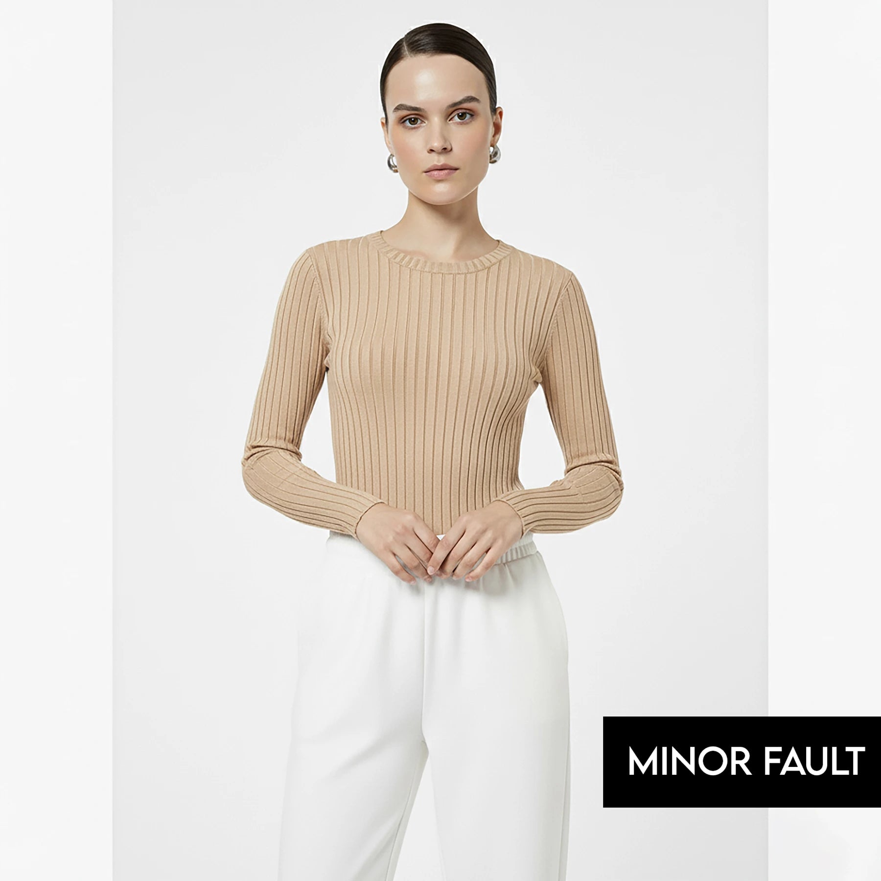 (Minor Fault) Beige Drop Needle Crew Neck Top | Montivo Pakistan