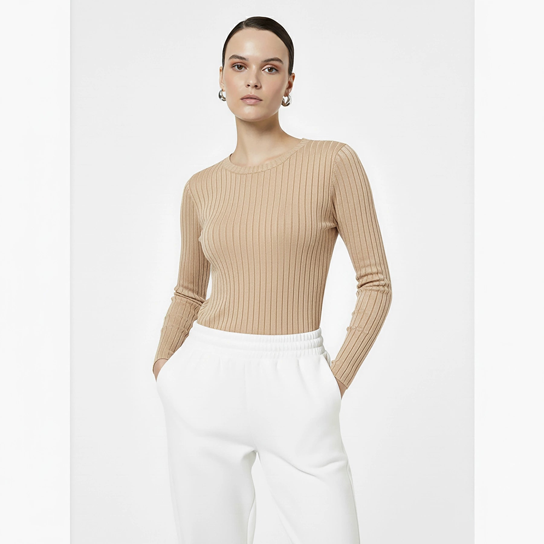 Beige Drop Needle Crew Neck Top | Montivo Pakistan