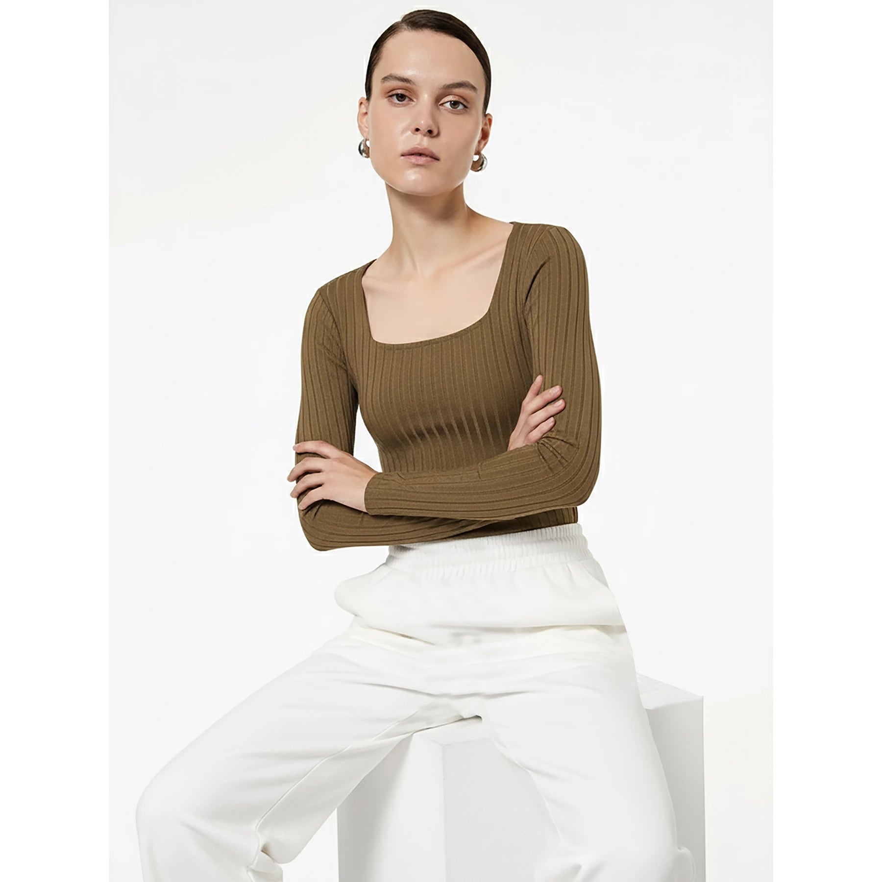 Brown Drop Needle Square Neck Top | Montivo Pakistan