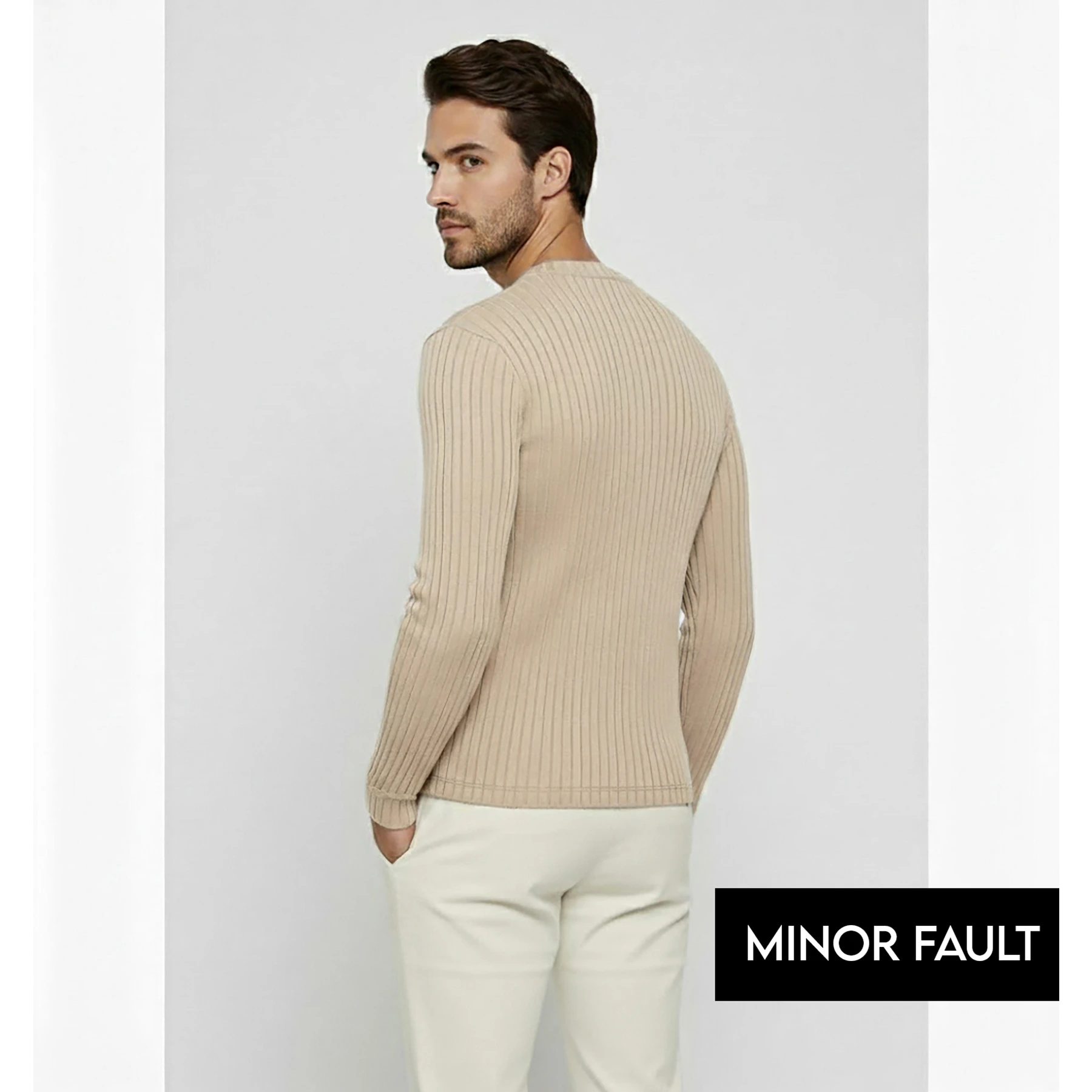 (Minor Fault) Beige Drop Needle Crew Neck Jumper | Montivo Pakistan