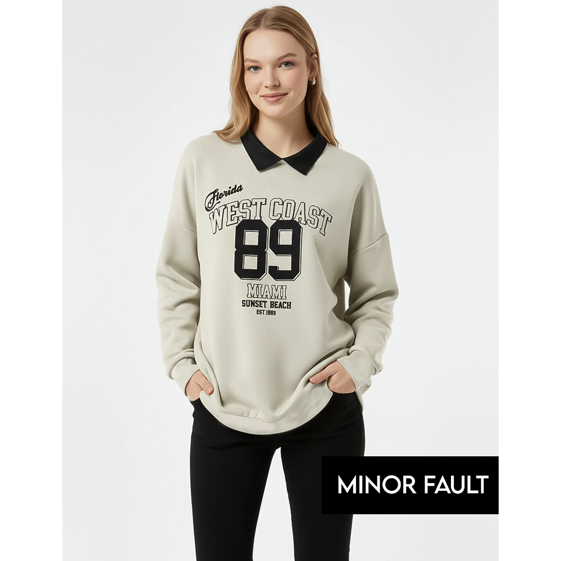 (Minor Fault) Off-White Melange Printed Collar Sweatshirt | Montivo Pakistan