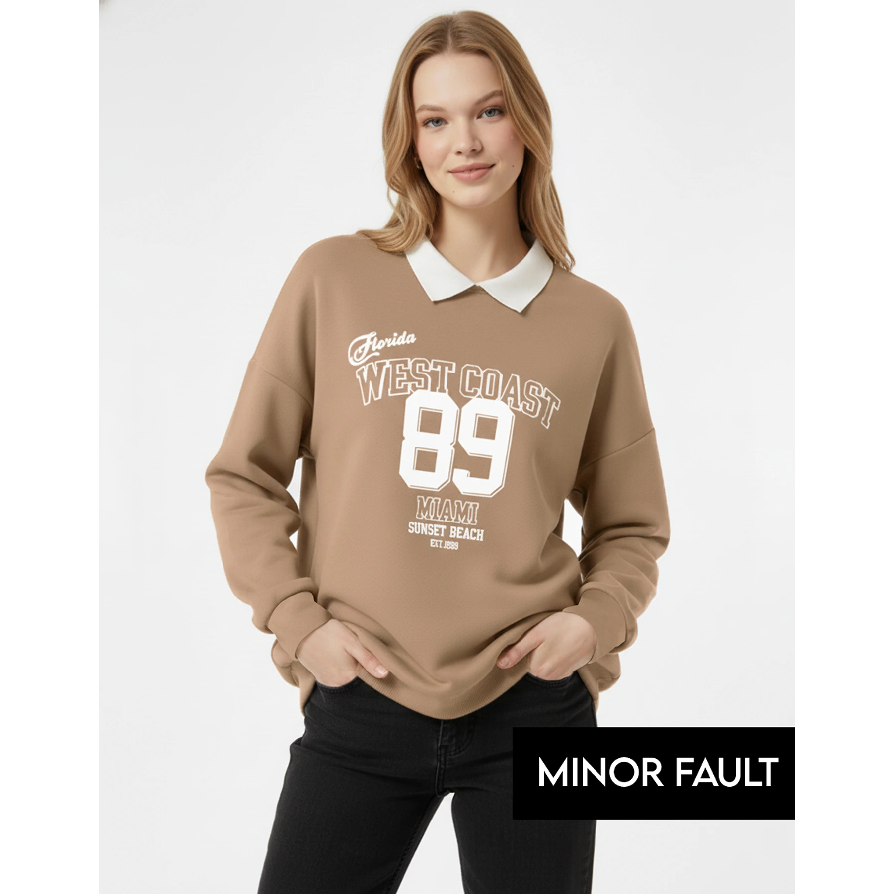 (Minor Fault) Coffee Printed Collar Sweatshirt | Montivo Pakistan