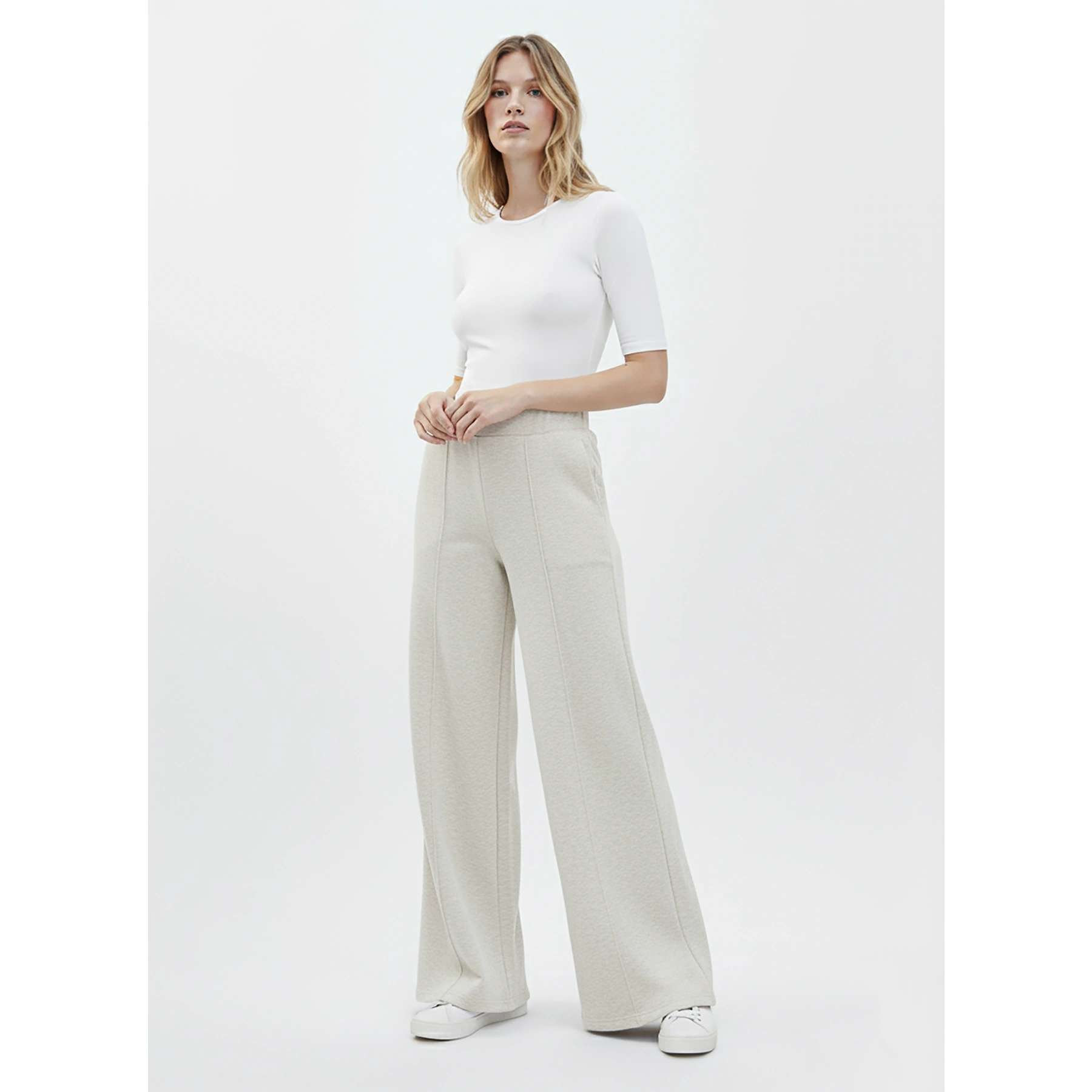 White Melange Front Seam Extra Wide Leg Trousers | Montivo Pakistan