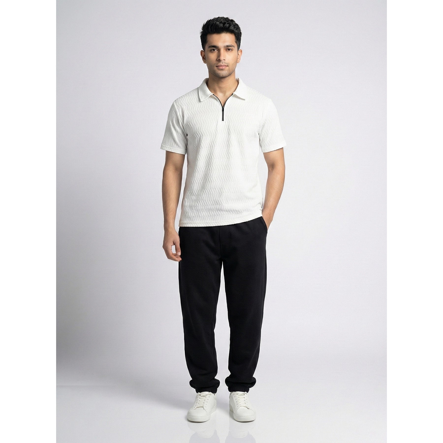 White Textured Zipper Polo | Montivo Pakistan
