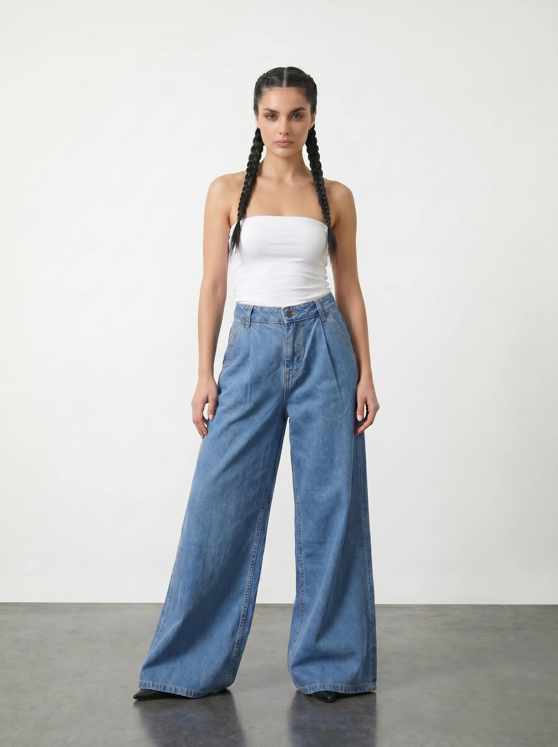 Mid Blue Pleated Wide Leg Jeans | Montivo Pakistan