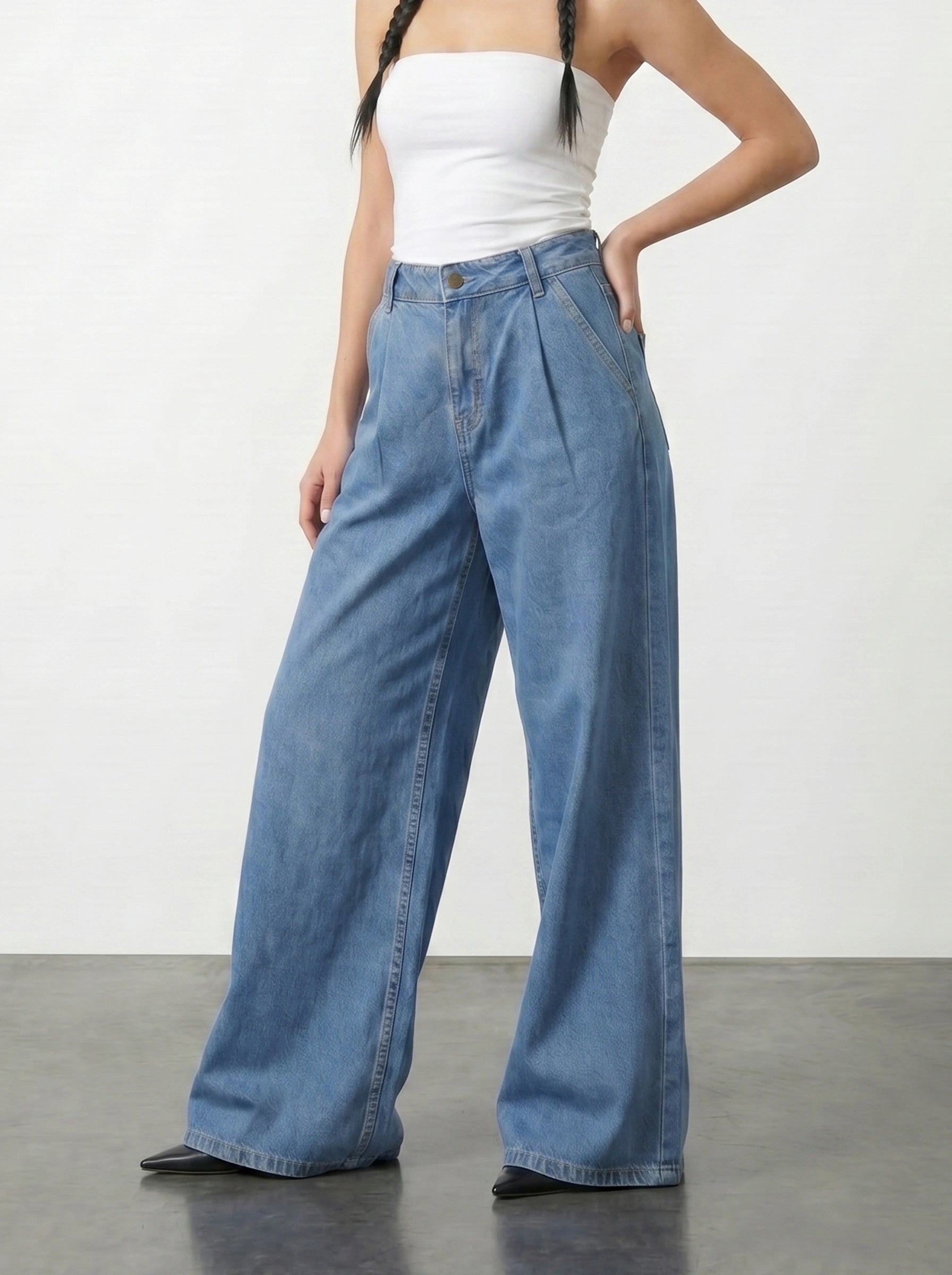 Mid Blue Pleated Wide Leg Jeans | Montivo Pakistan