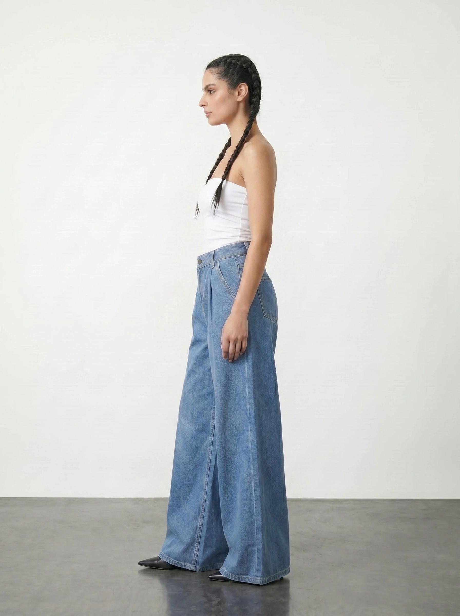 Mid Blue Pleated Wide Leg Jeans | Montivo Pakistan