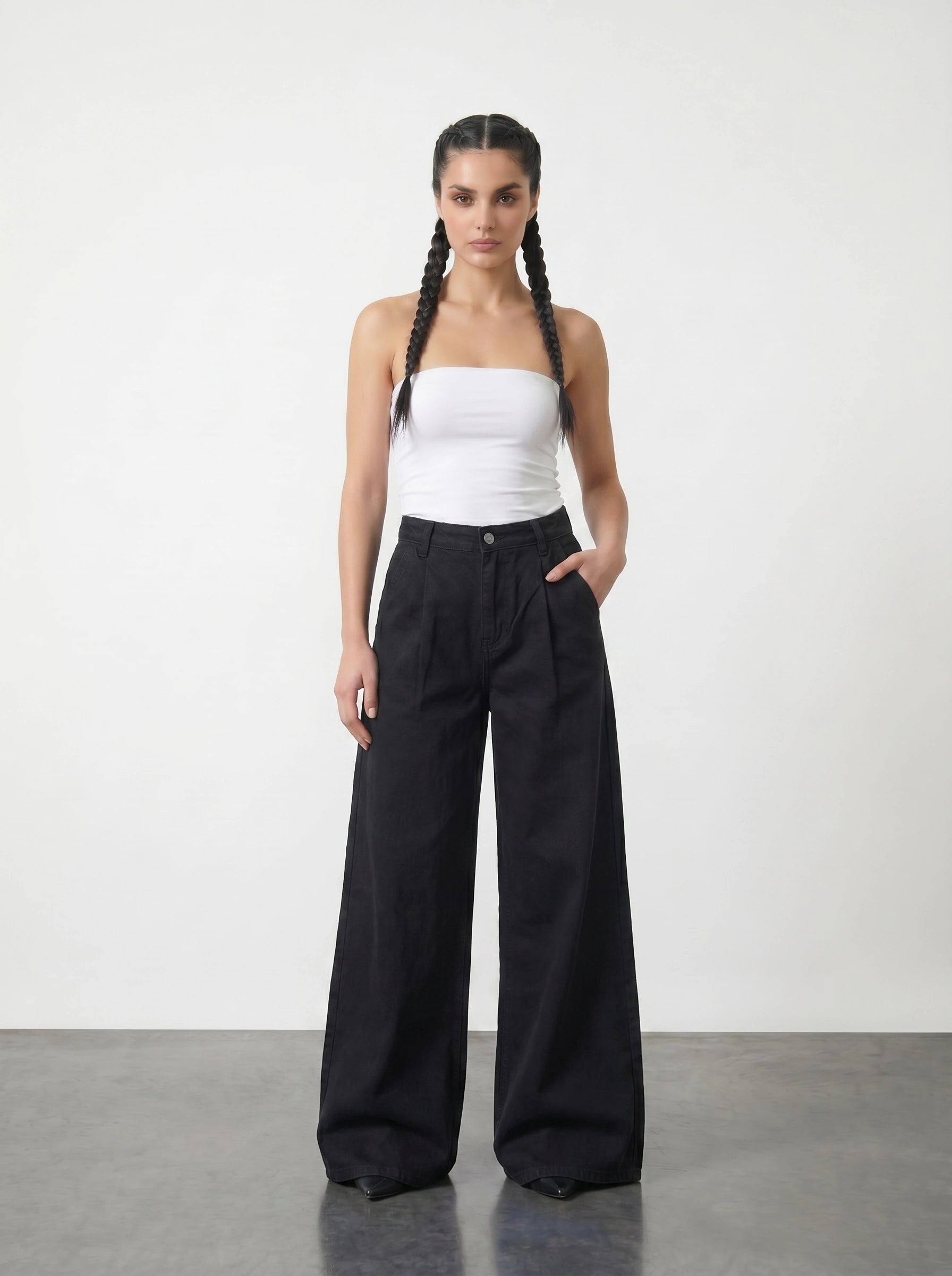 Black Pleated Wide Leg Jeans | Montivo Pakistan