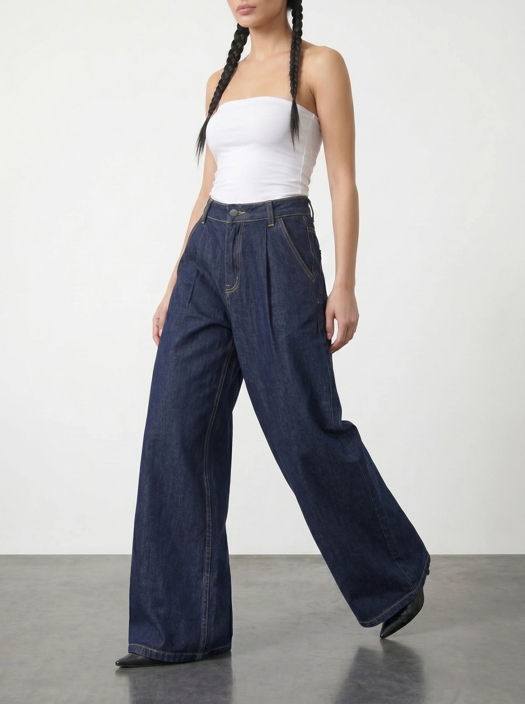 Dark Blue Pleated Wide Leg Jeans | Montivo Pakistan