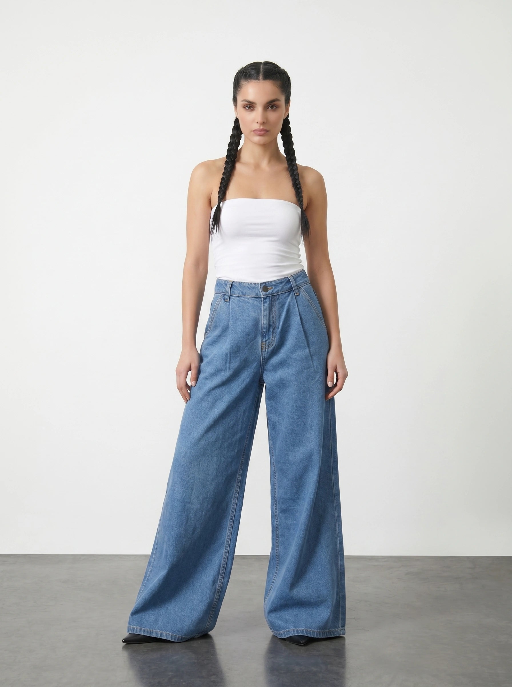 Blue Pleated Wide Leg Jeans | Montivo Pakistan