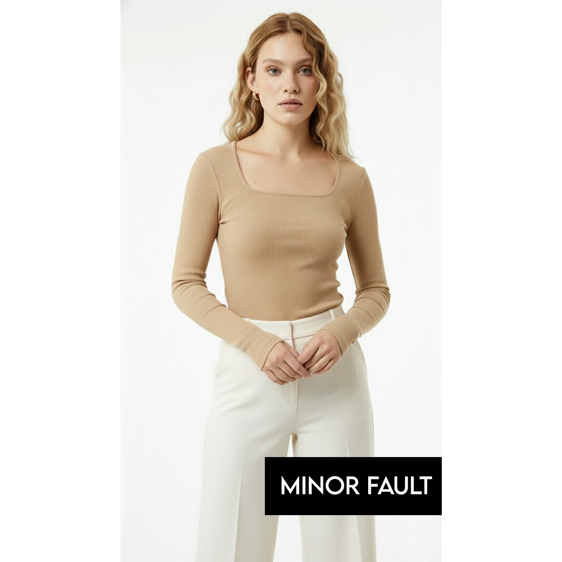 (Minor Fault) Camel Ribbed Square Neck Top | Montivo Pakistan