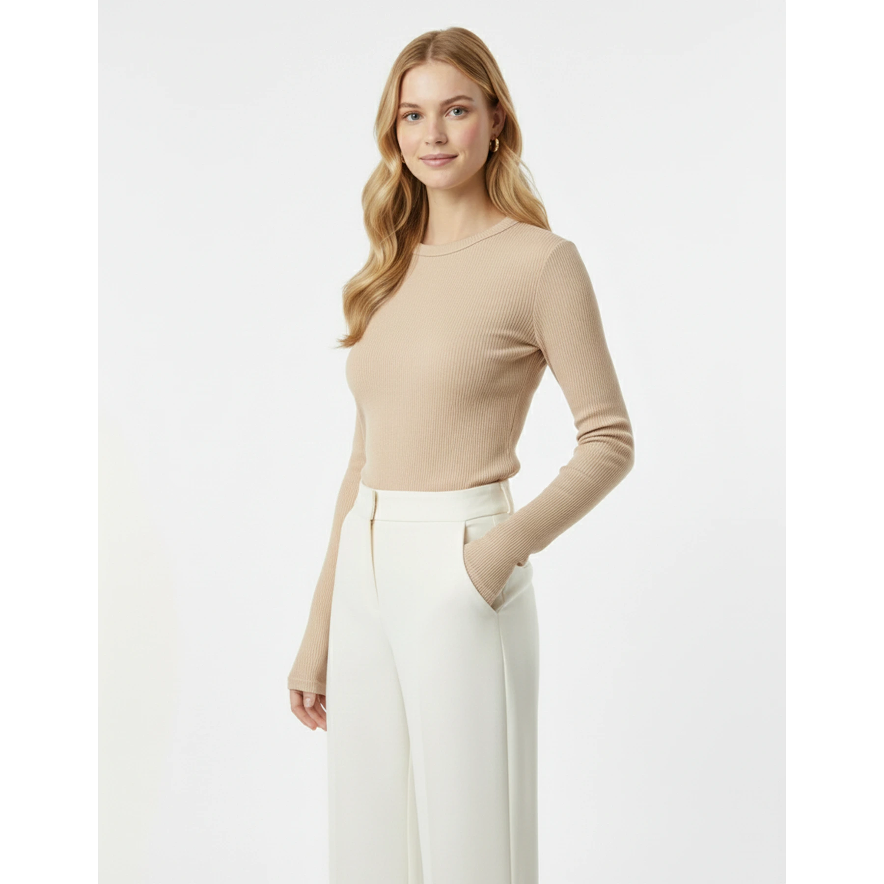 Beige Ribbed Crew Neck Top | Montivo Pakistan