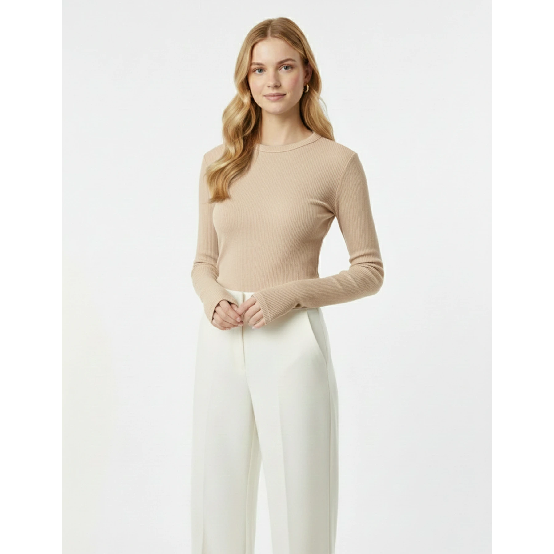 Beige Ribbed Crew Neck Top | Montivo Pakistan