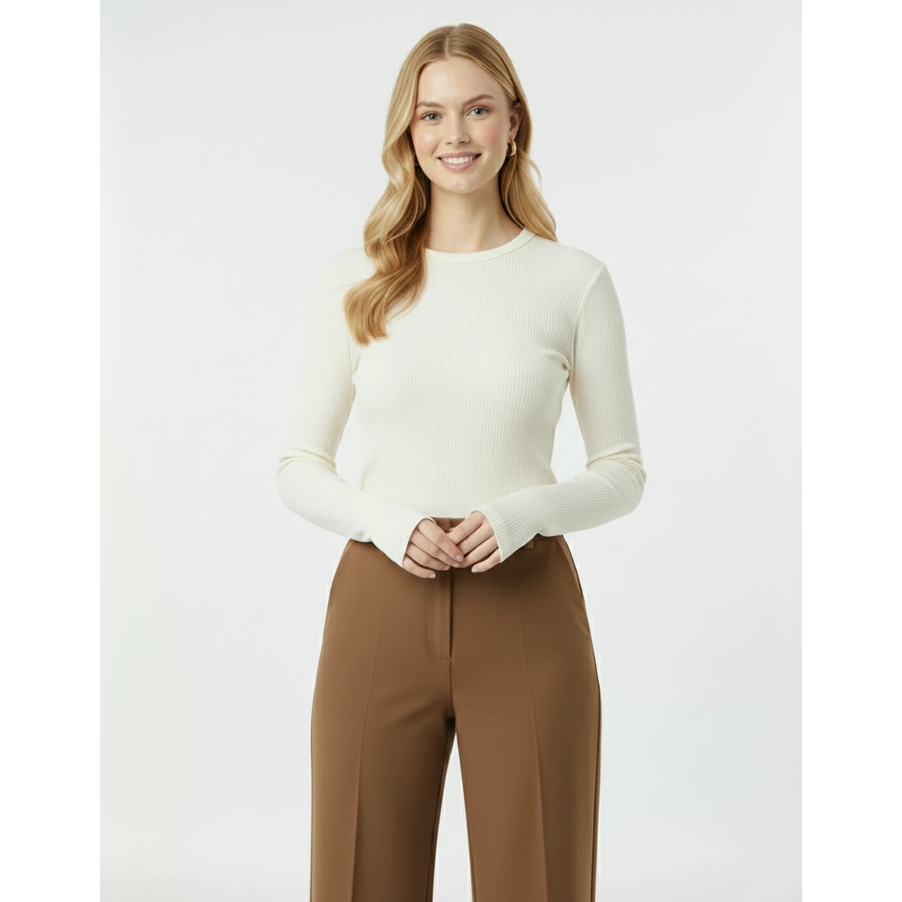 Off-White Ribbed Crew Neck Top | Montivo Pakistan