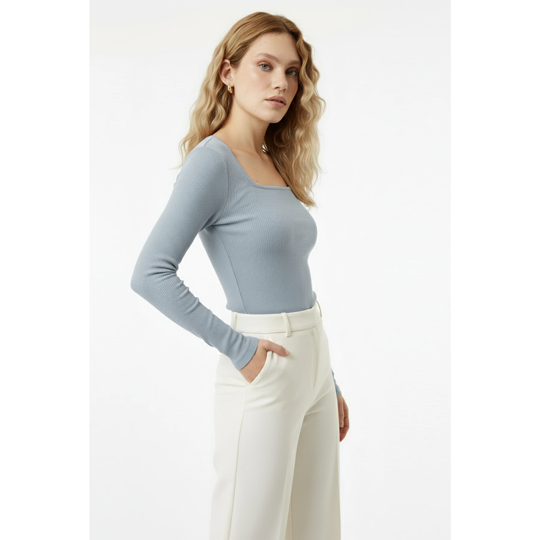 Light Blue Ribbed Square Neck Top | Montivo Pakistan