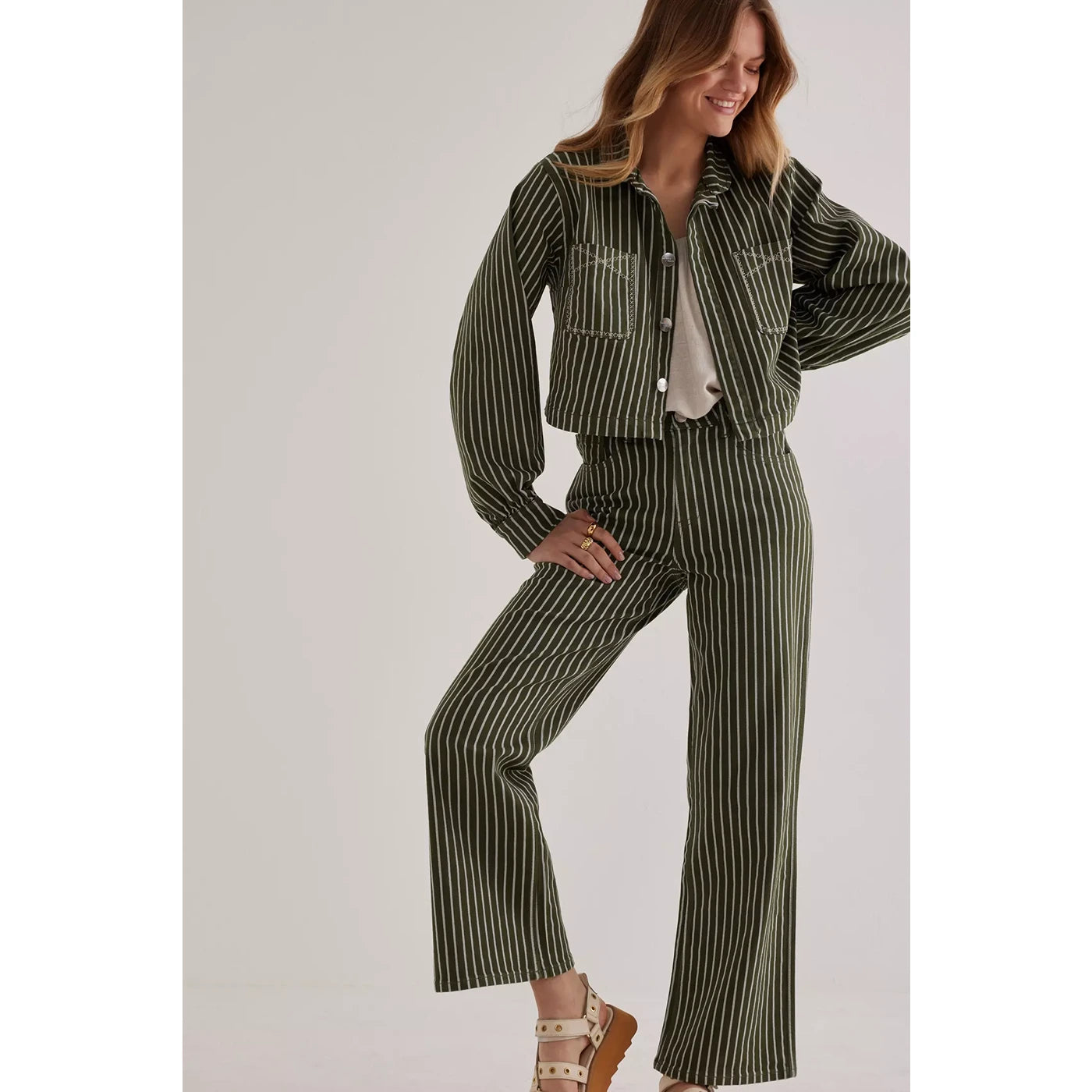 Green Stripes Wide Leg Jeans | Montivo Pakistan