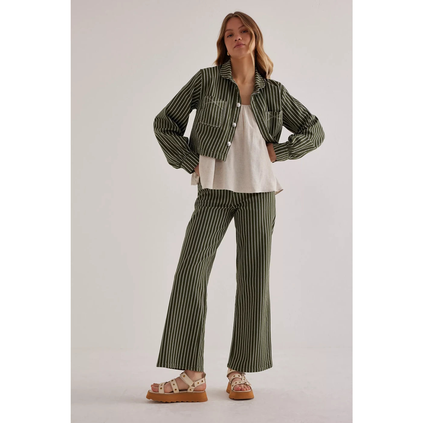 Green Stripes Wide Leg Jeans | Montivo Pakistan