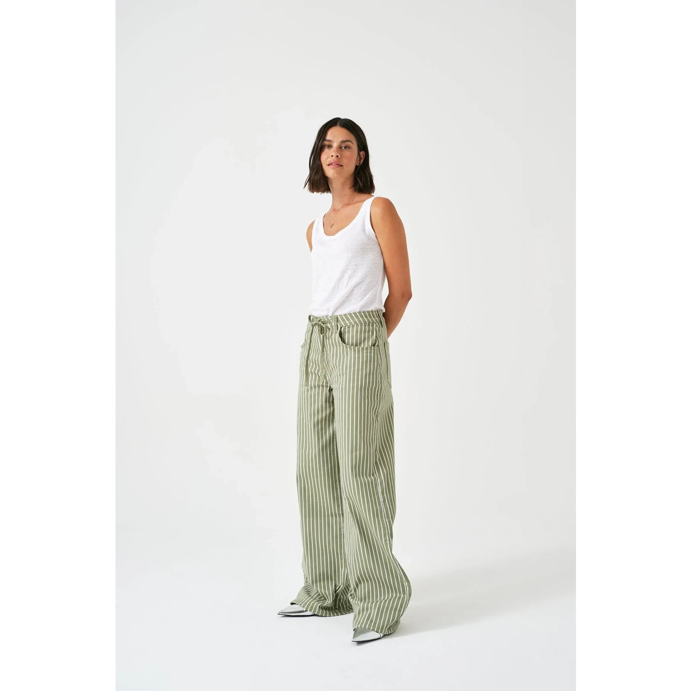 Light Green Stripes Wide Leg Jeans | Montivo Pakistan