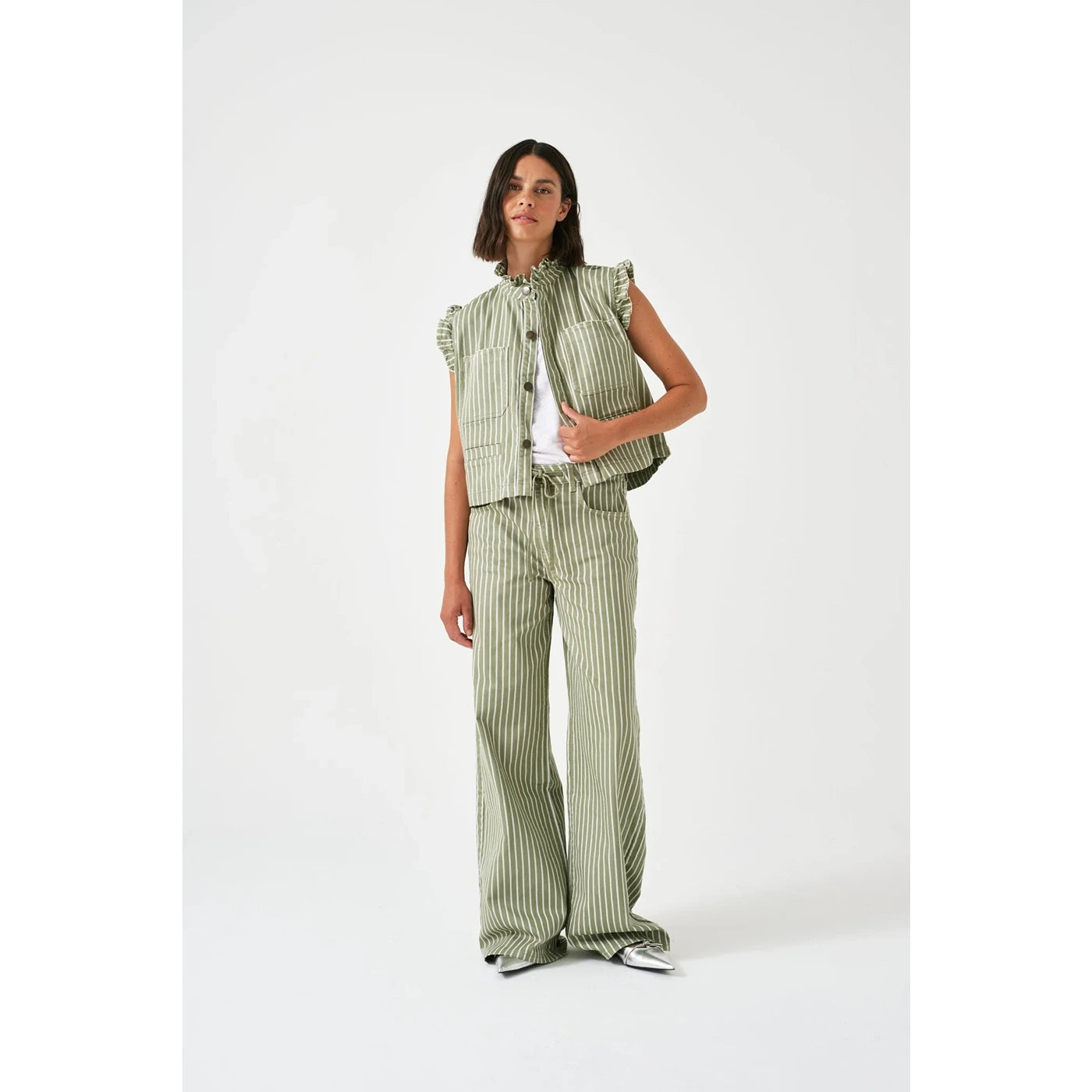 Light Green Stripes Wide Leg Jeans | Montivo Pakistan