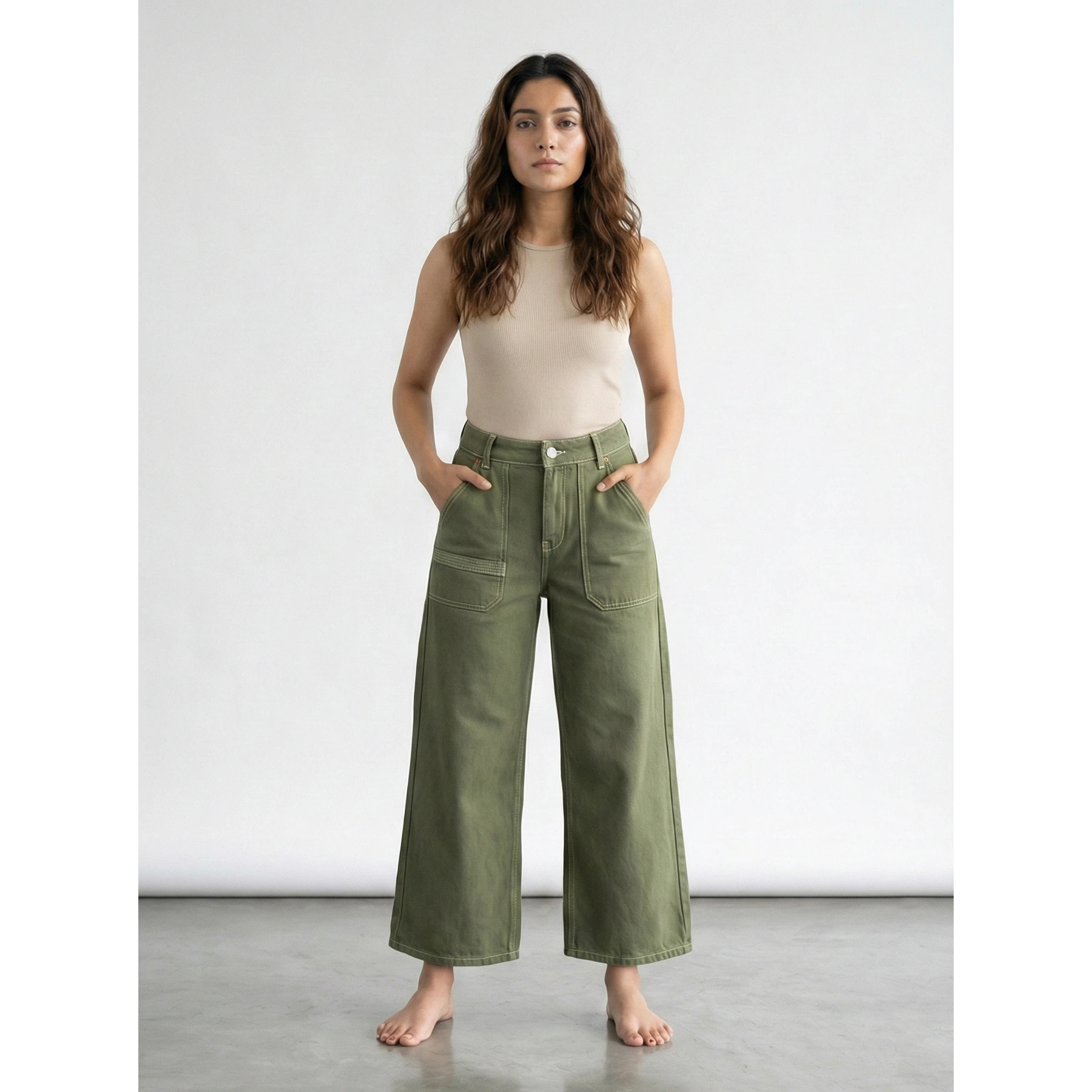 Olive Wide Leg Cropped Jeans | Montivo Pakistan