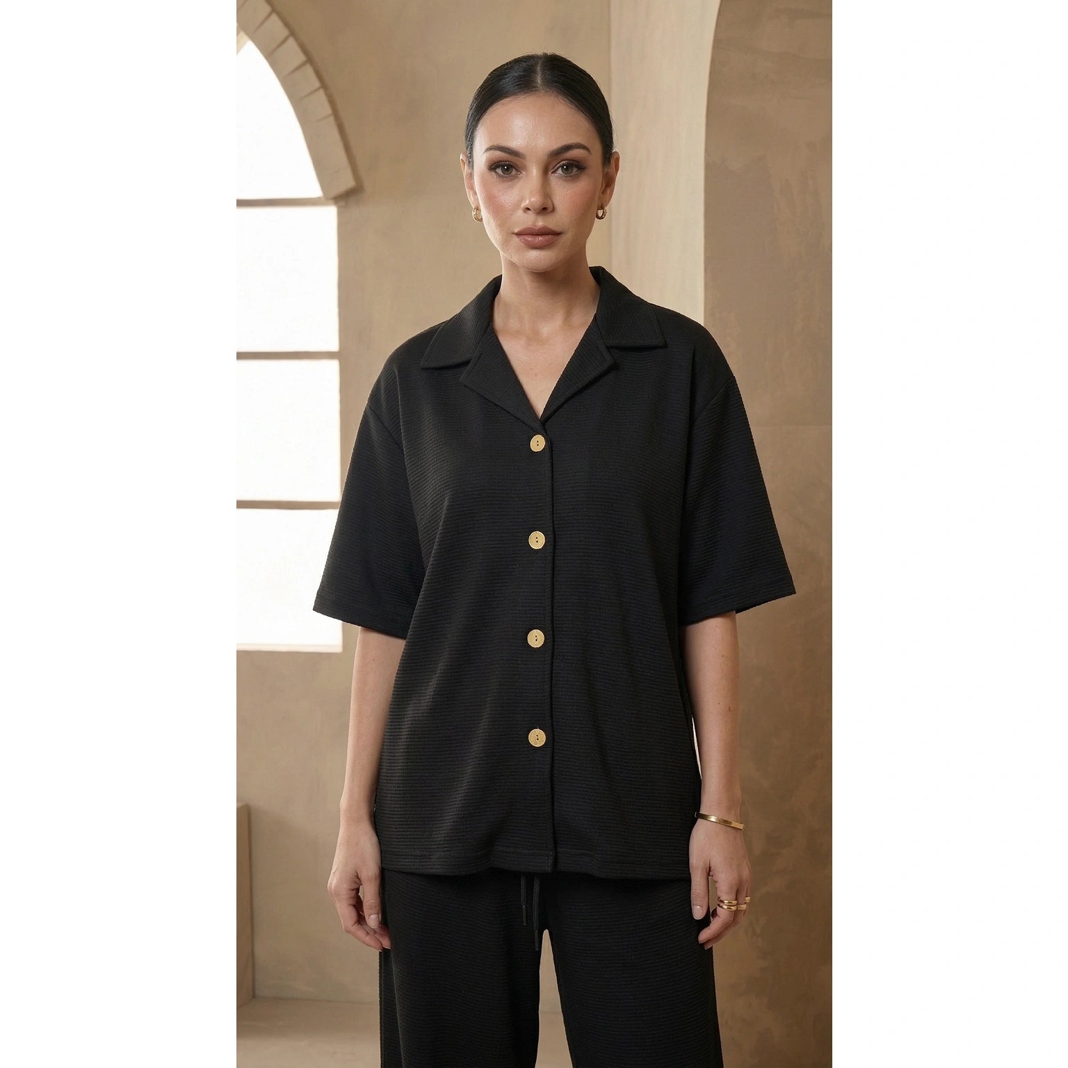 Black Waffle Cuban Collar Shirt | Montivo Pakistan