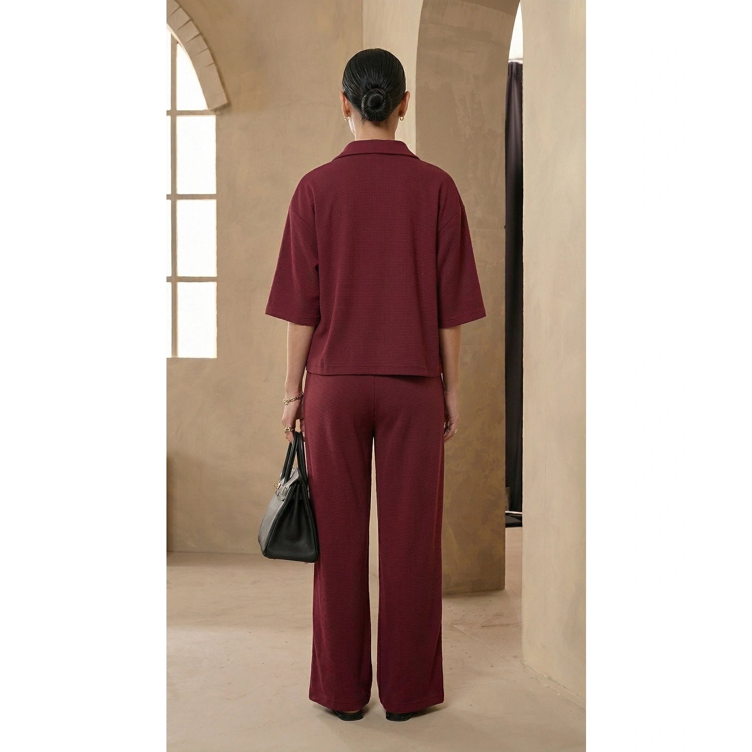 Burgundy Waffle Wide Leg Trousers | Montivo Pakistan