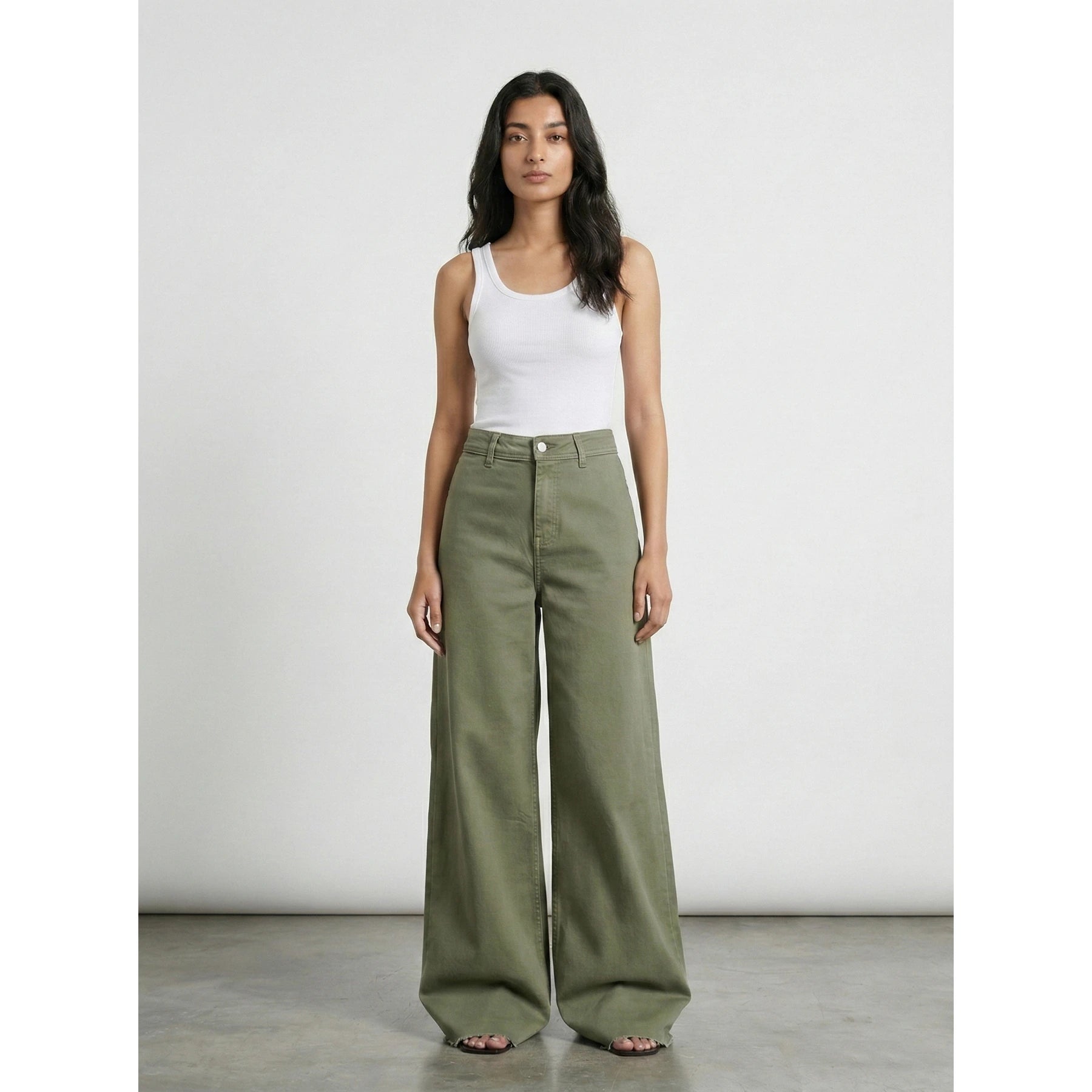 Olive Frayed Hem Wide Leg Jeans | Montivo Pakistan