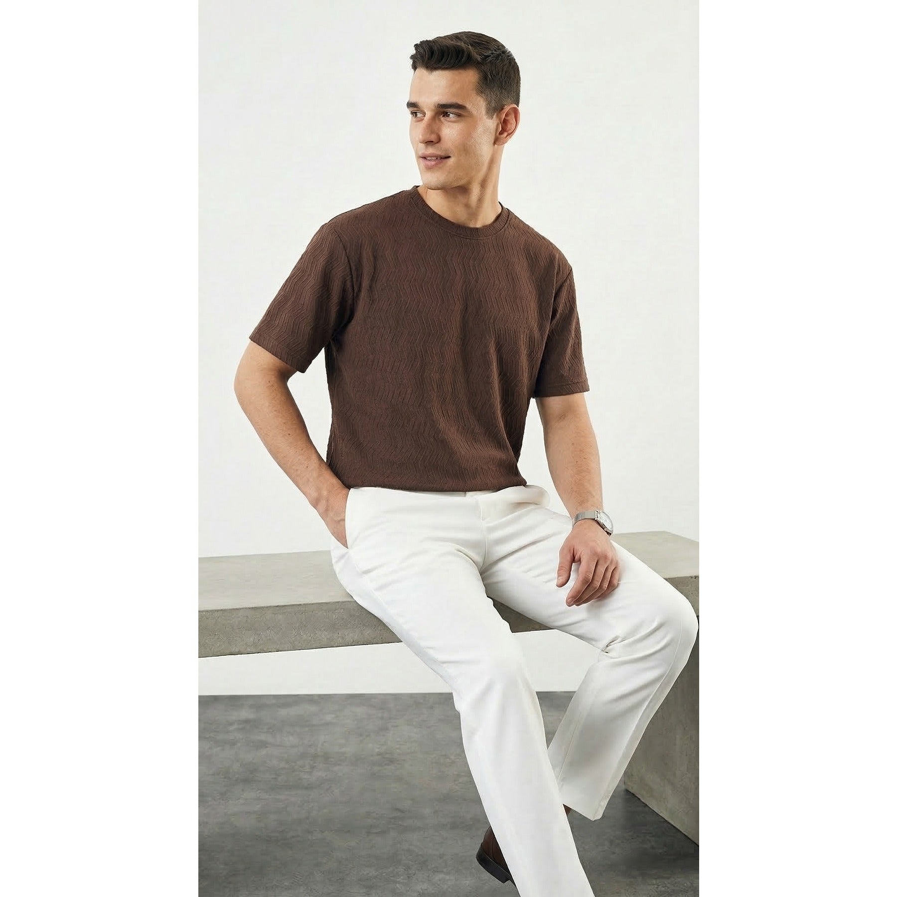 Brown Textured Crew Neck Tshirt | Montivo Pakistan