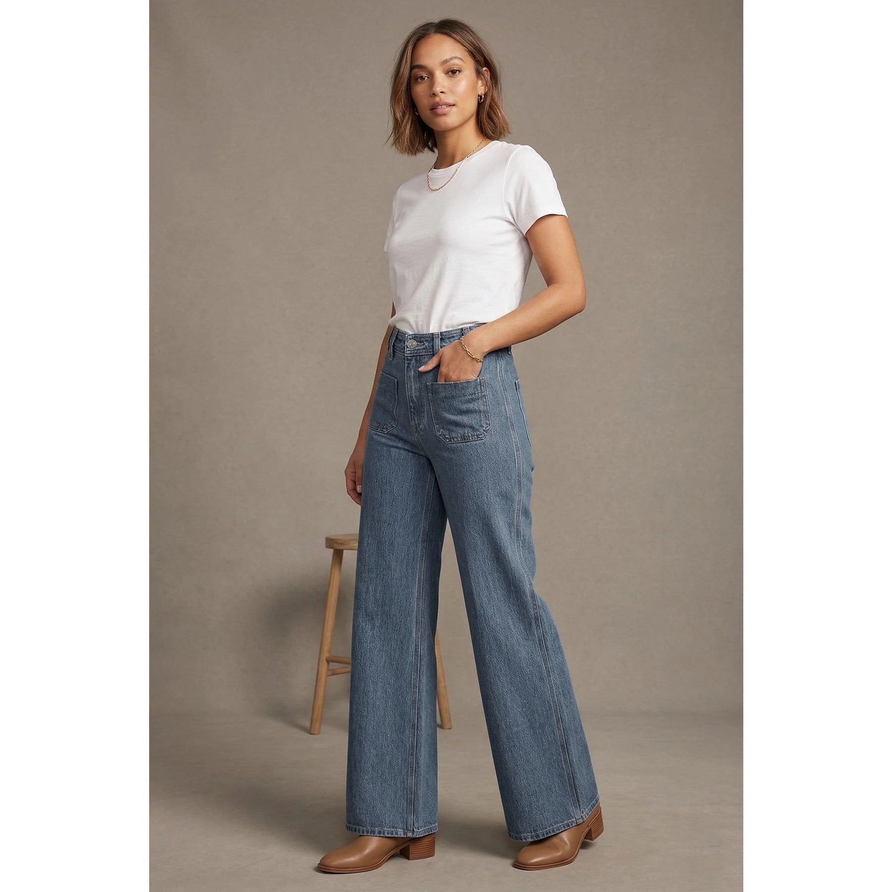 Mid Blue Patch Pocket Wide Leg Jeans | Montivo Pakistan