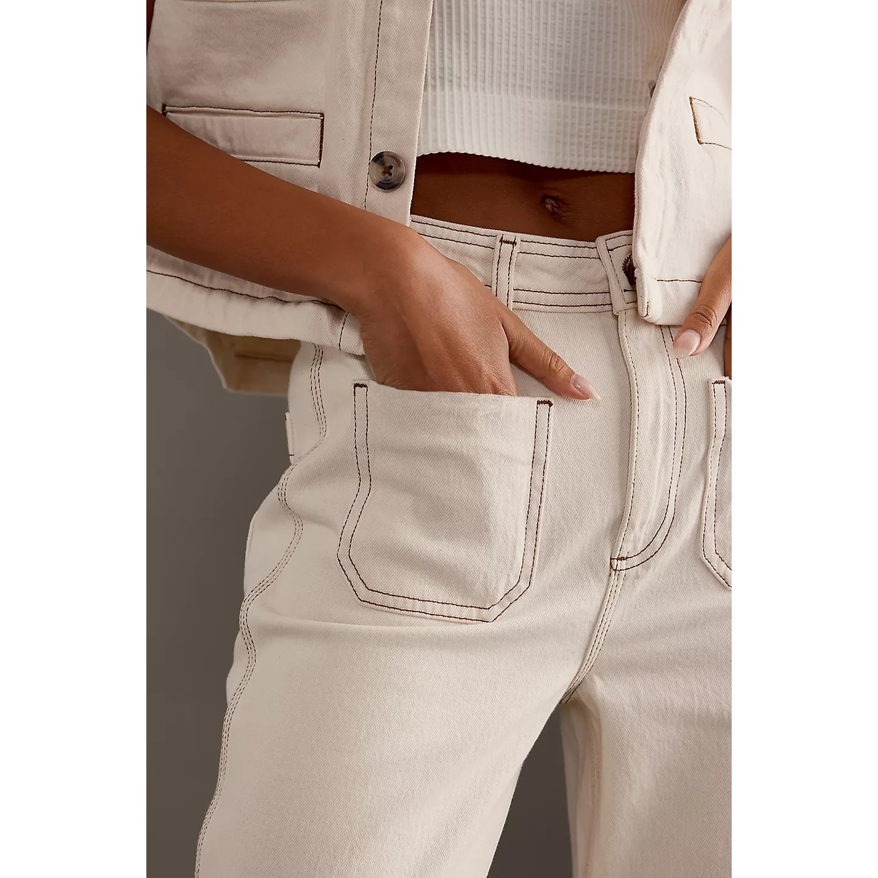 Ecru Wide Leg Front Pocket Jeans | Montivo Pakistan