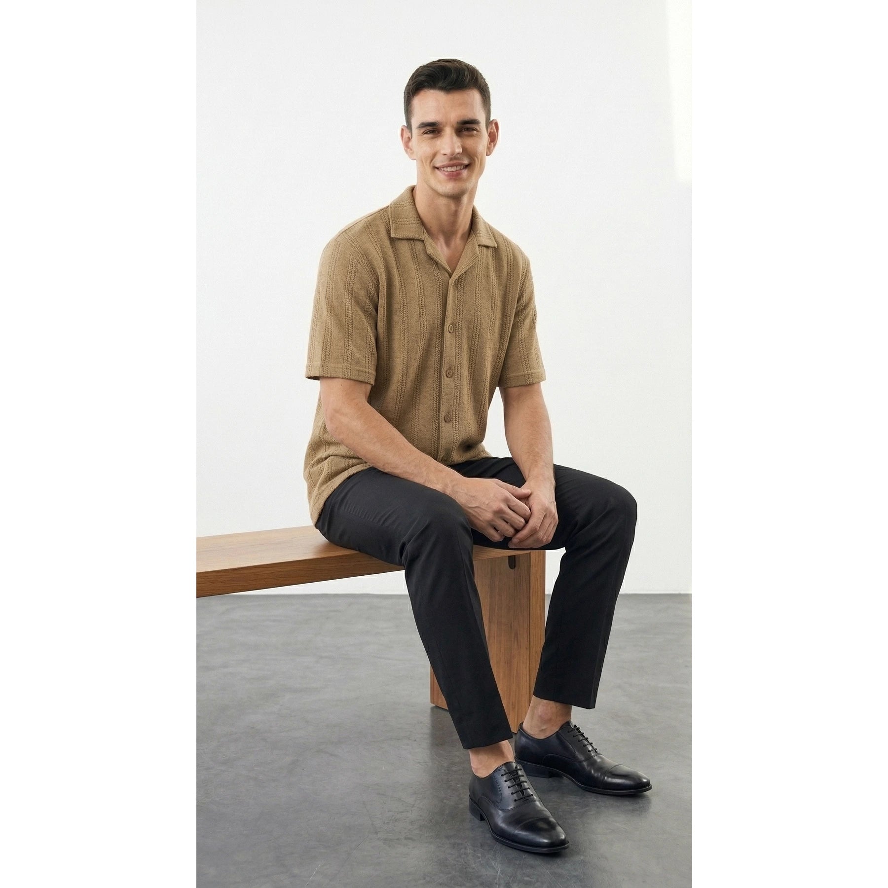 Khaki Crochet Knit Cuban Shirt | Montivo Pakistan