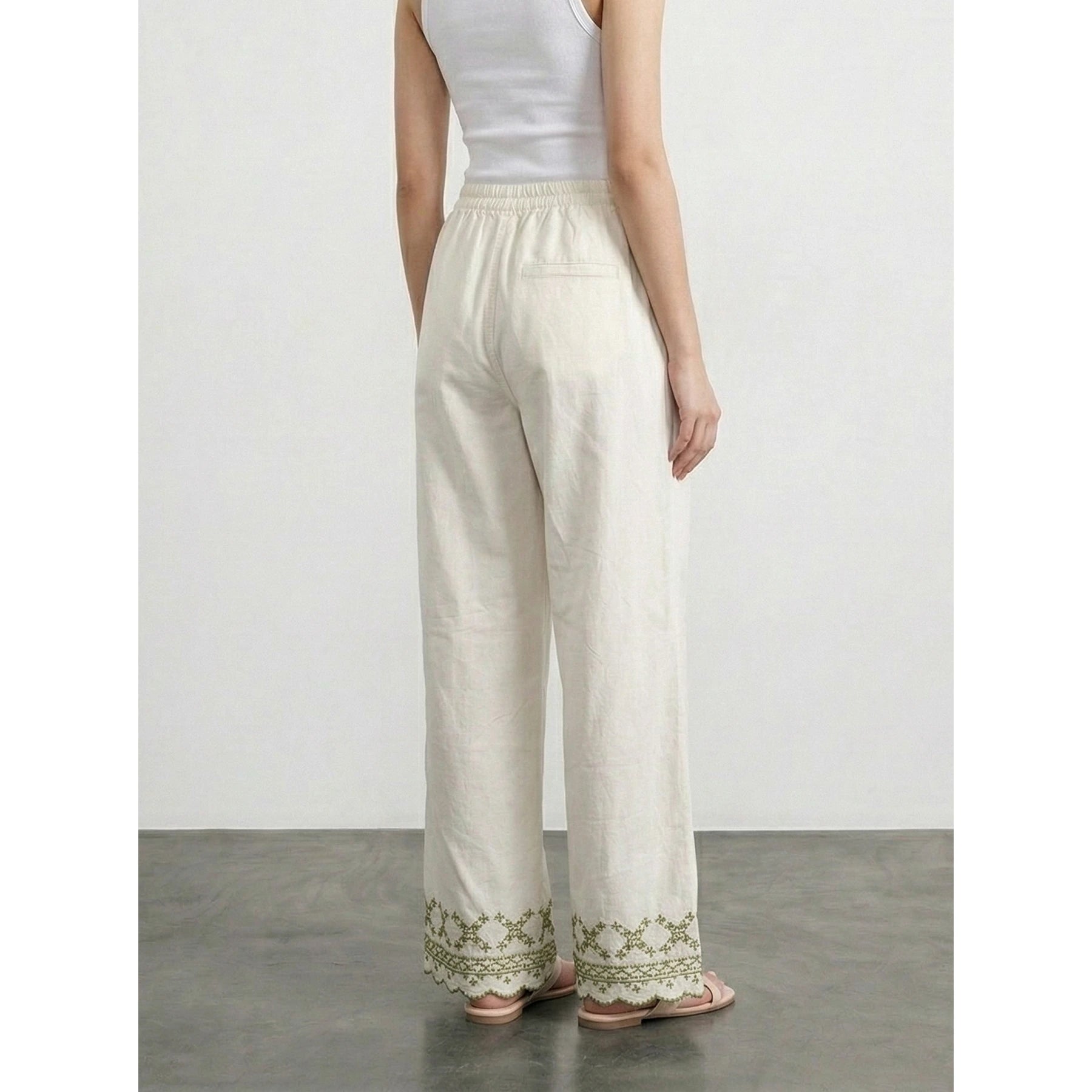 White Floral Wide Leg Denim Trousers | Montivo Pakistan