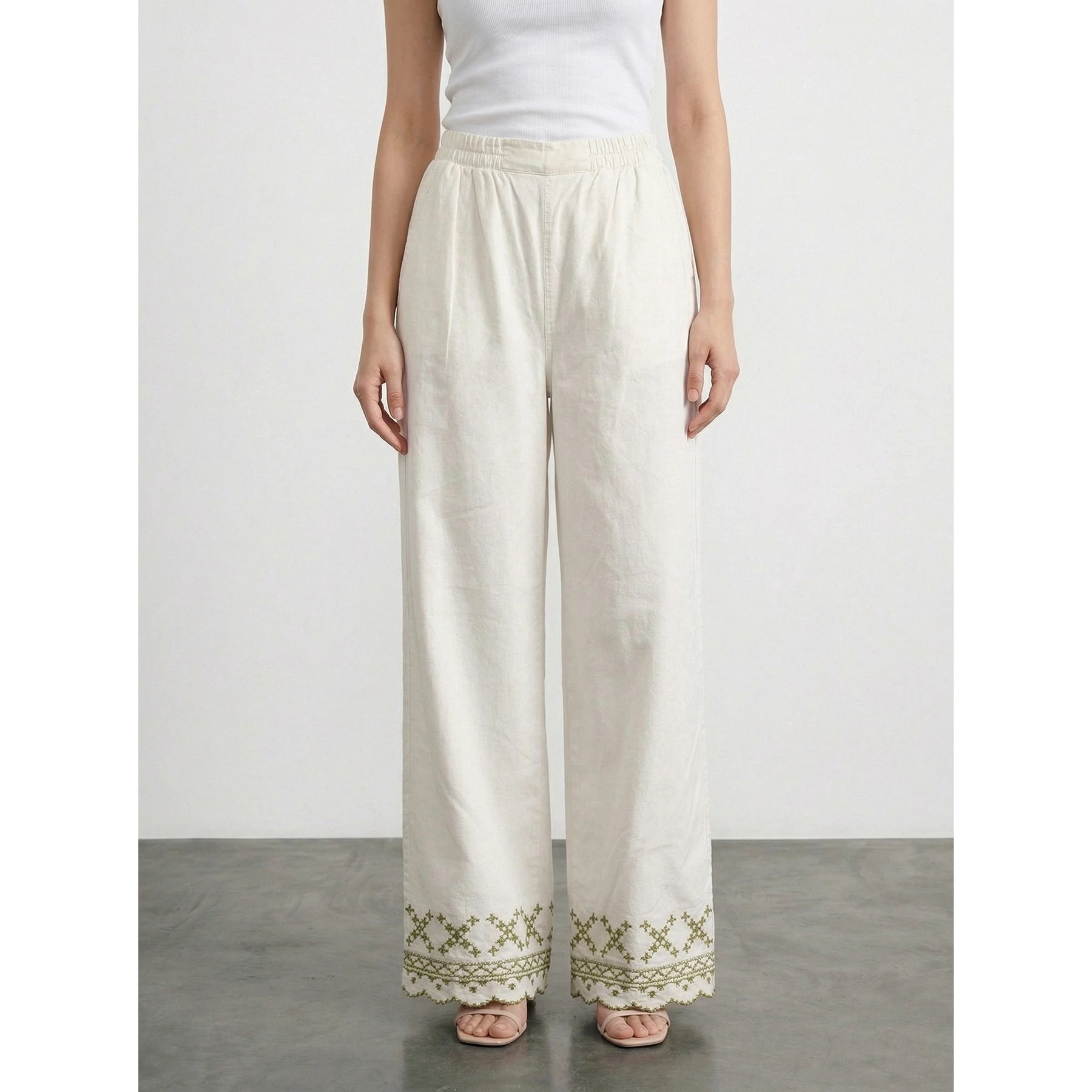 White Floral Wide Leg Denim Trousers | Montivo Pakistan