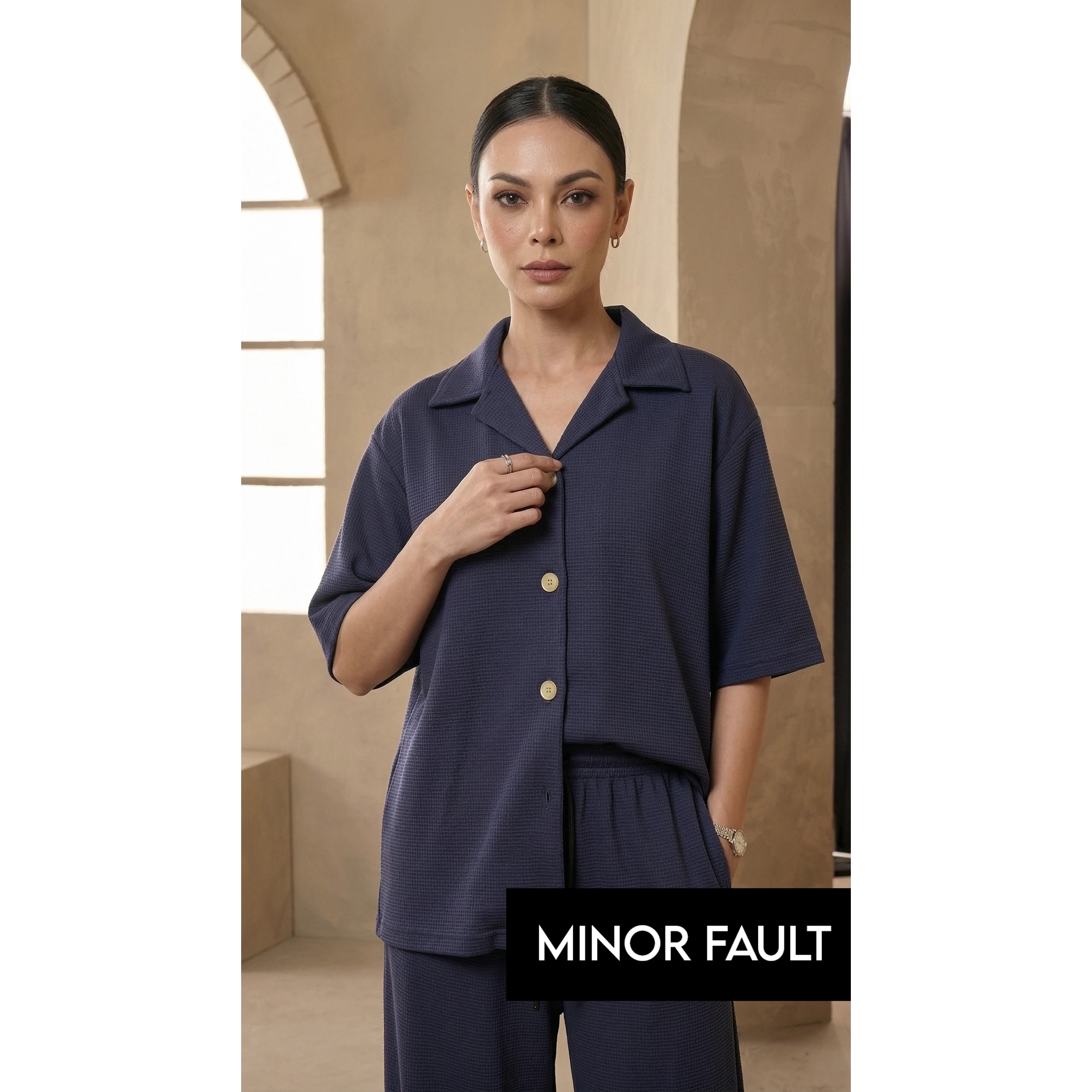 (Minor Fault) Navy Blue Waffle Cuban Collar Shirt | Montivo Pakistan