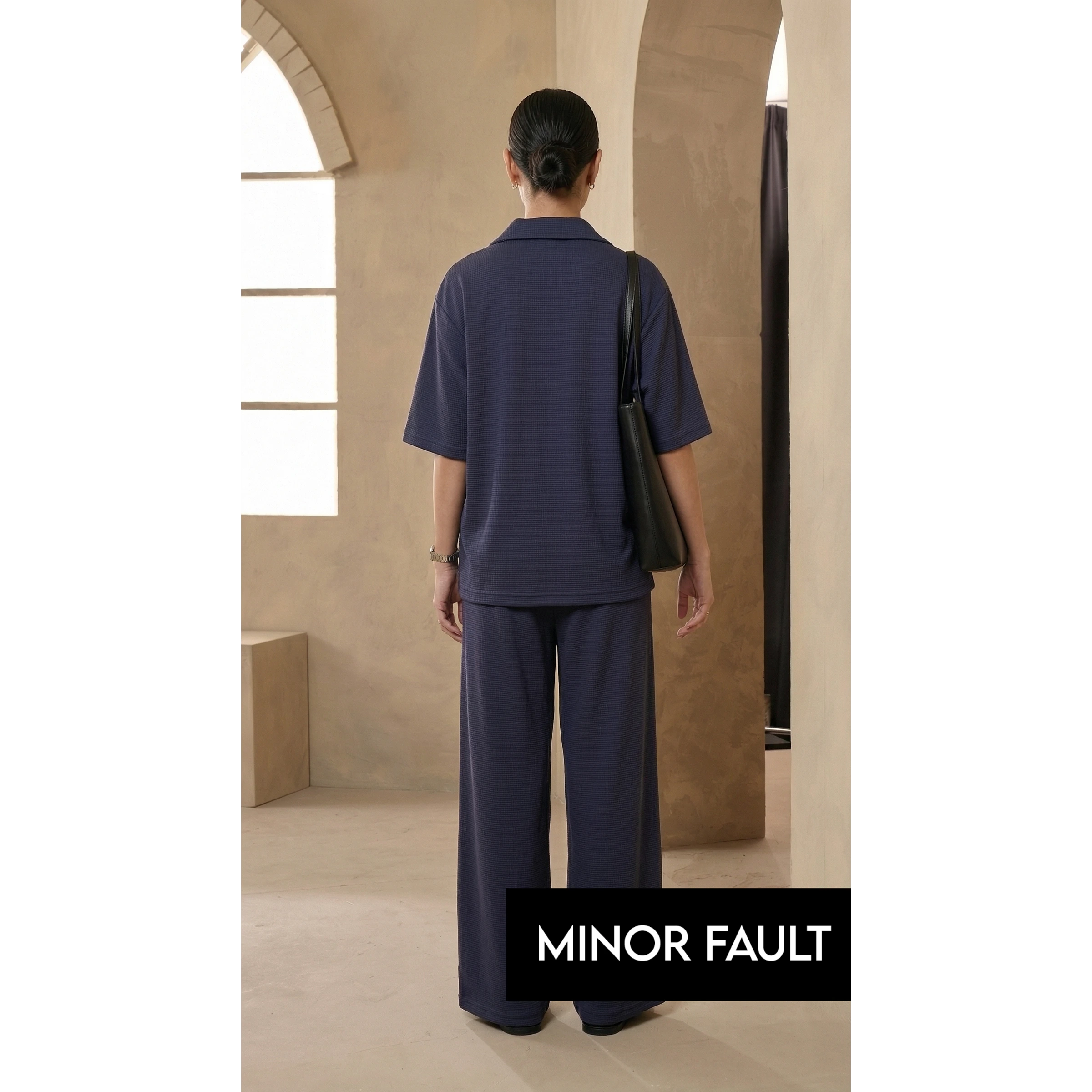 (Minor Fault) Navy Blue Waffle Cuban Collar Shirt | Montivo Pakistan