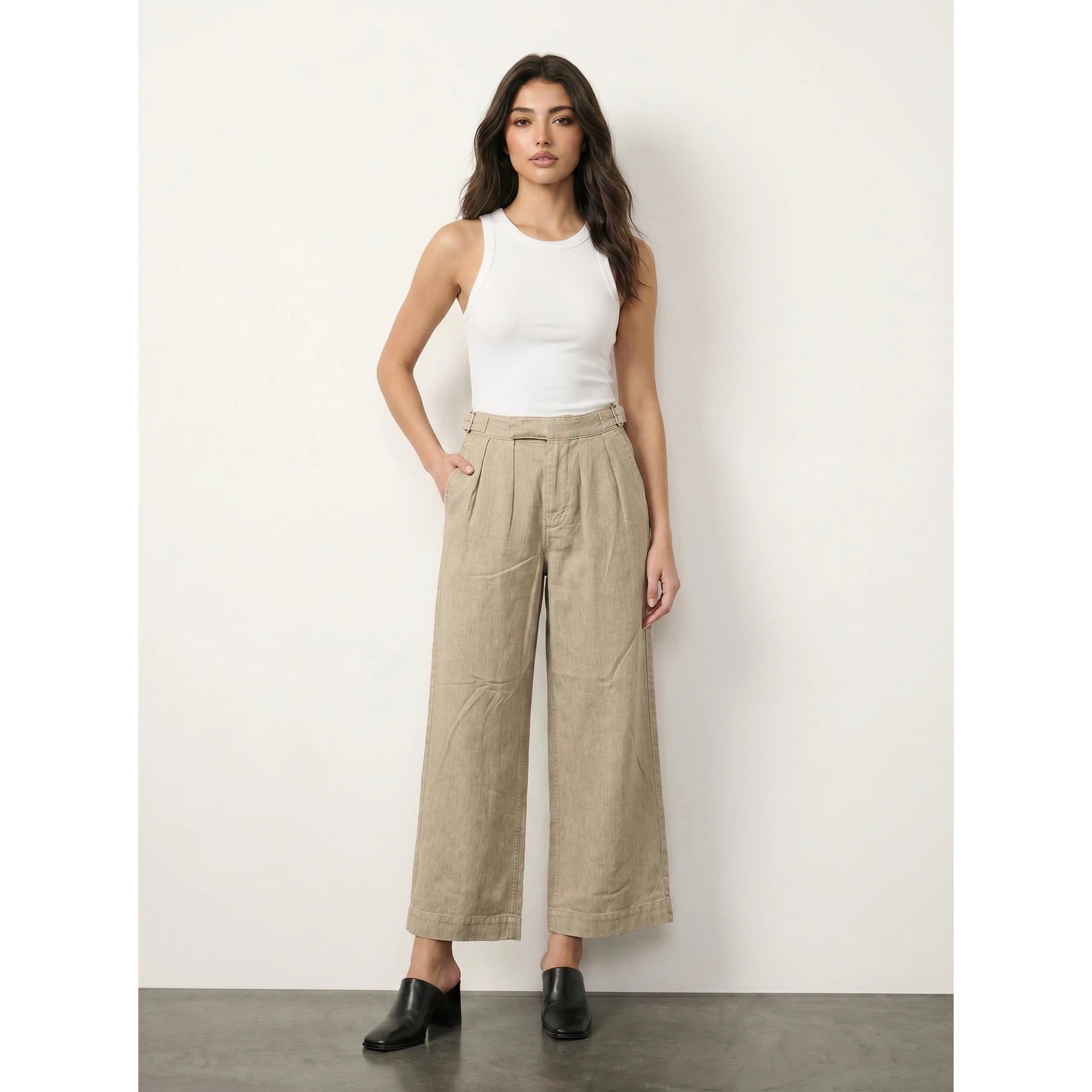 Beige Linen Wide Leg Jeans | Montivo Pakistan