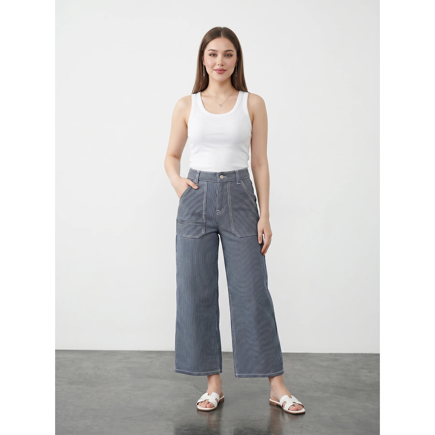 Blue Mini Stripes Cropped Wide Leg Jeans | Montivo Pakistan