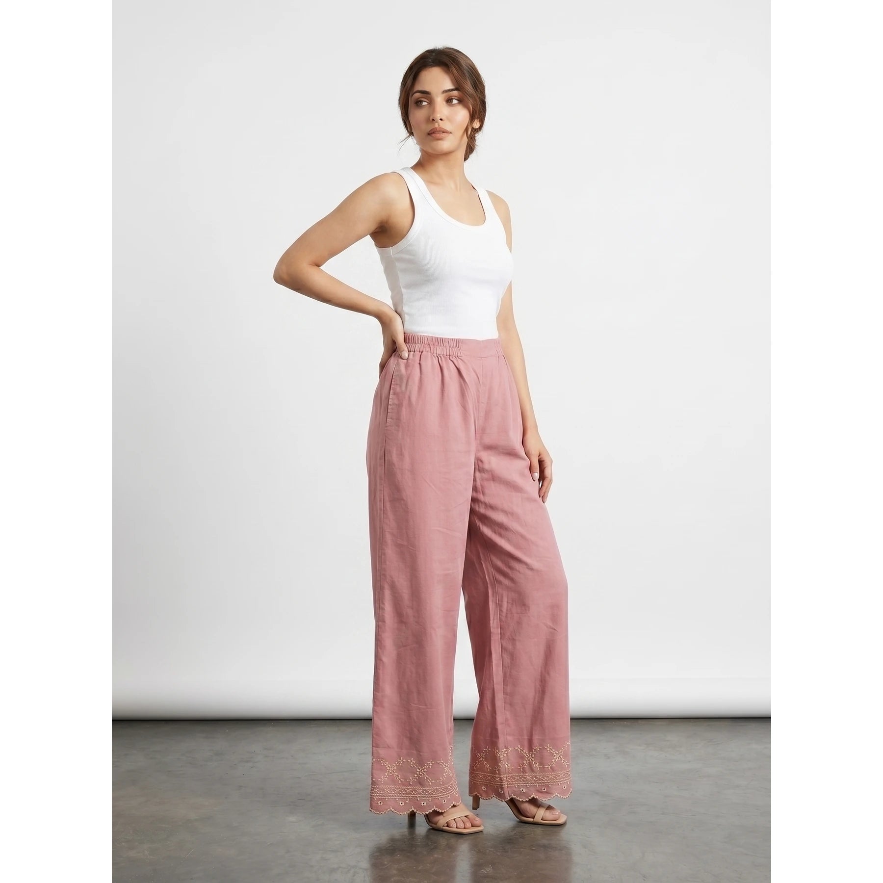 Pink Wide Leg Floral Trousers | Montivo Pakistan