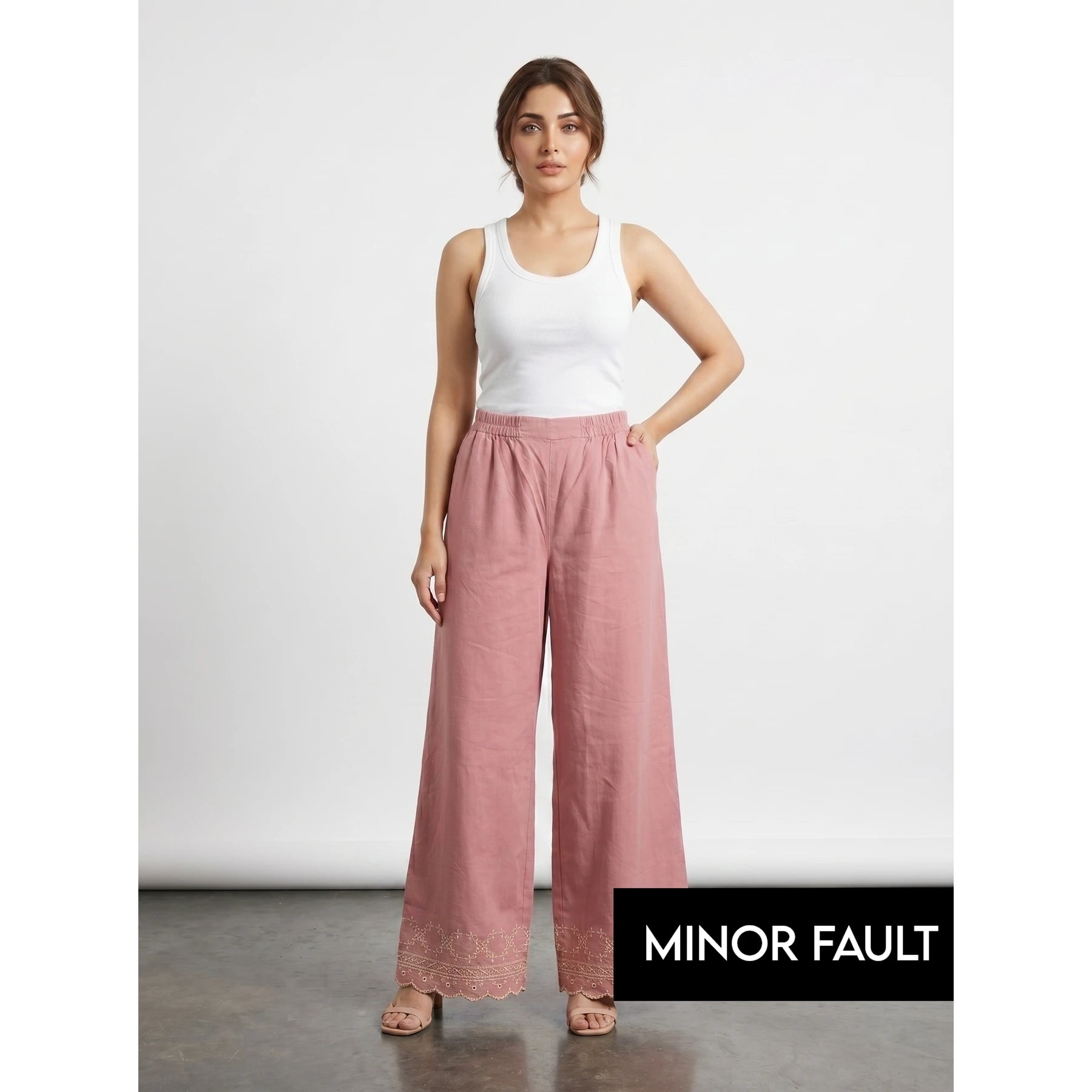 (Minor Fault) Pink Wide Leg Floral Trousers | Montivo Pakistan