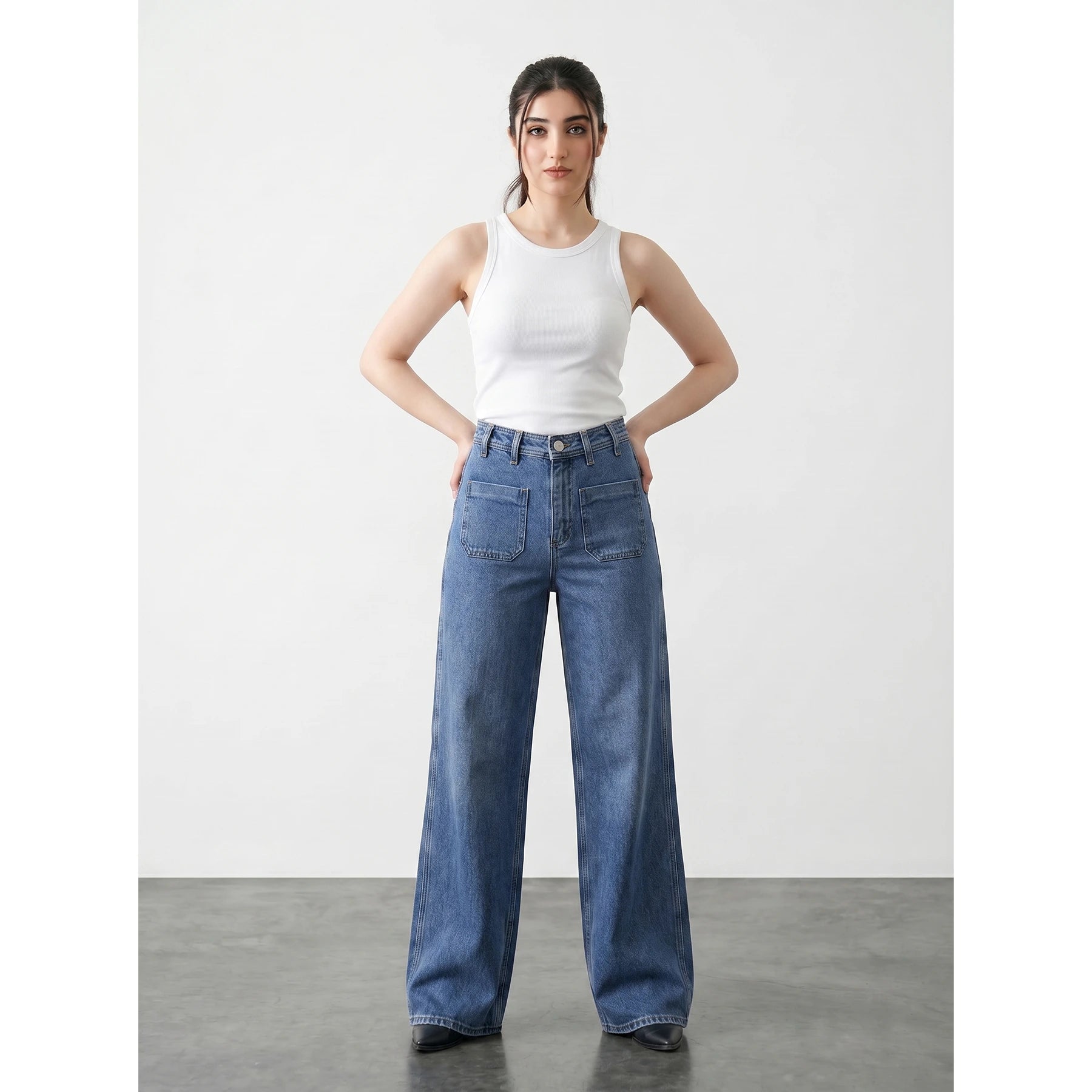 Blue Front Pocket Wide Leg Jeans | Montivo Pakistan