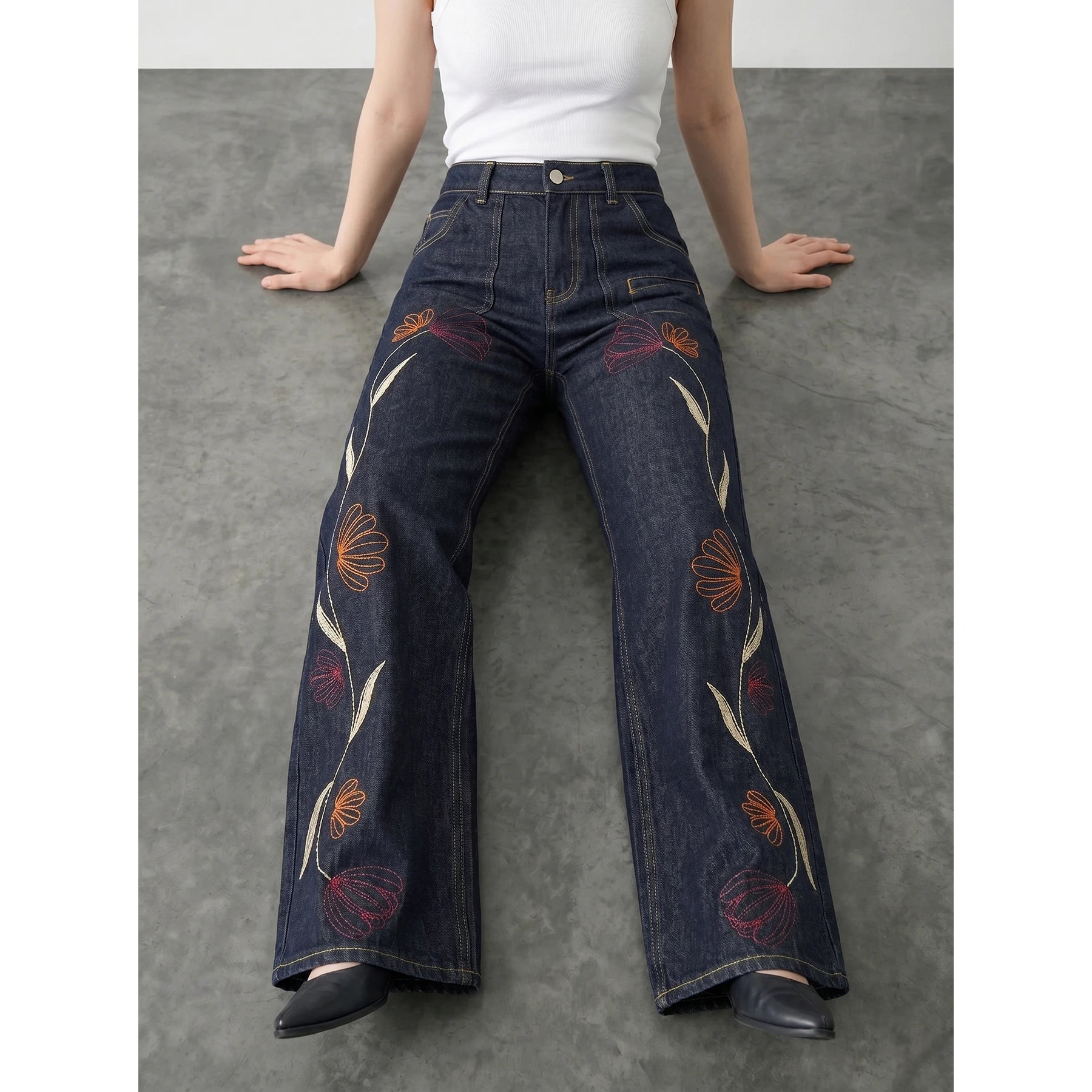 Rinse Wash Embroidered Wide Leg Jeans | Montivo Pakistan