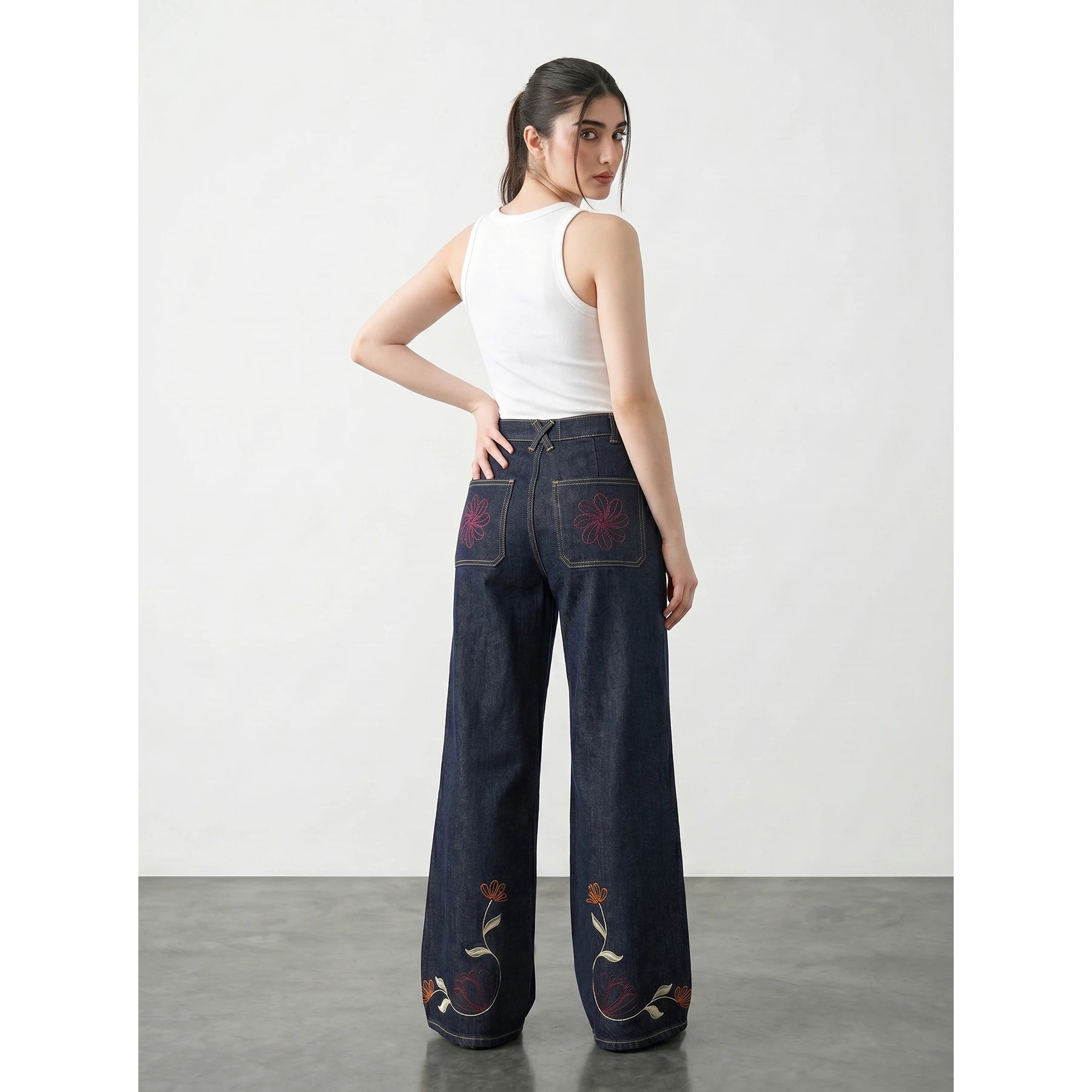 Rinse Wash Embroidered Wide Leg Jeans | Montivo Pakistan