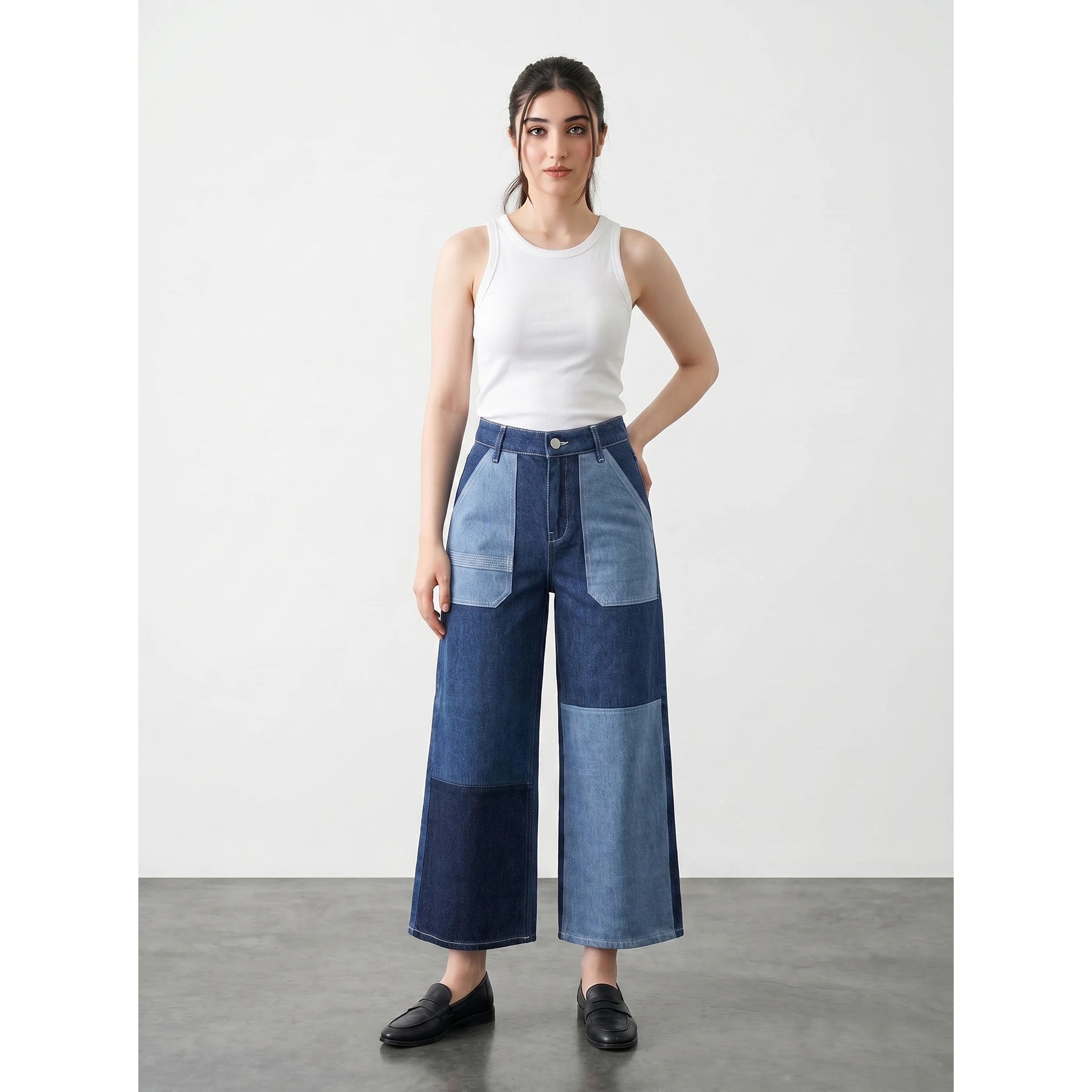 Blue Cropped Panel Wide Leg Jeans | Montivo Pakistan