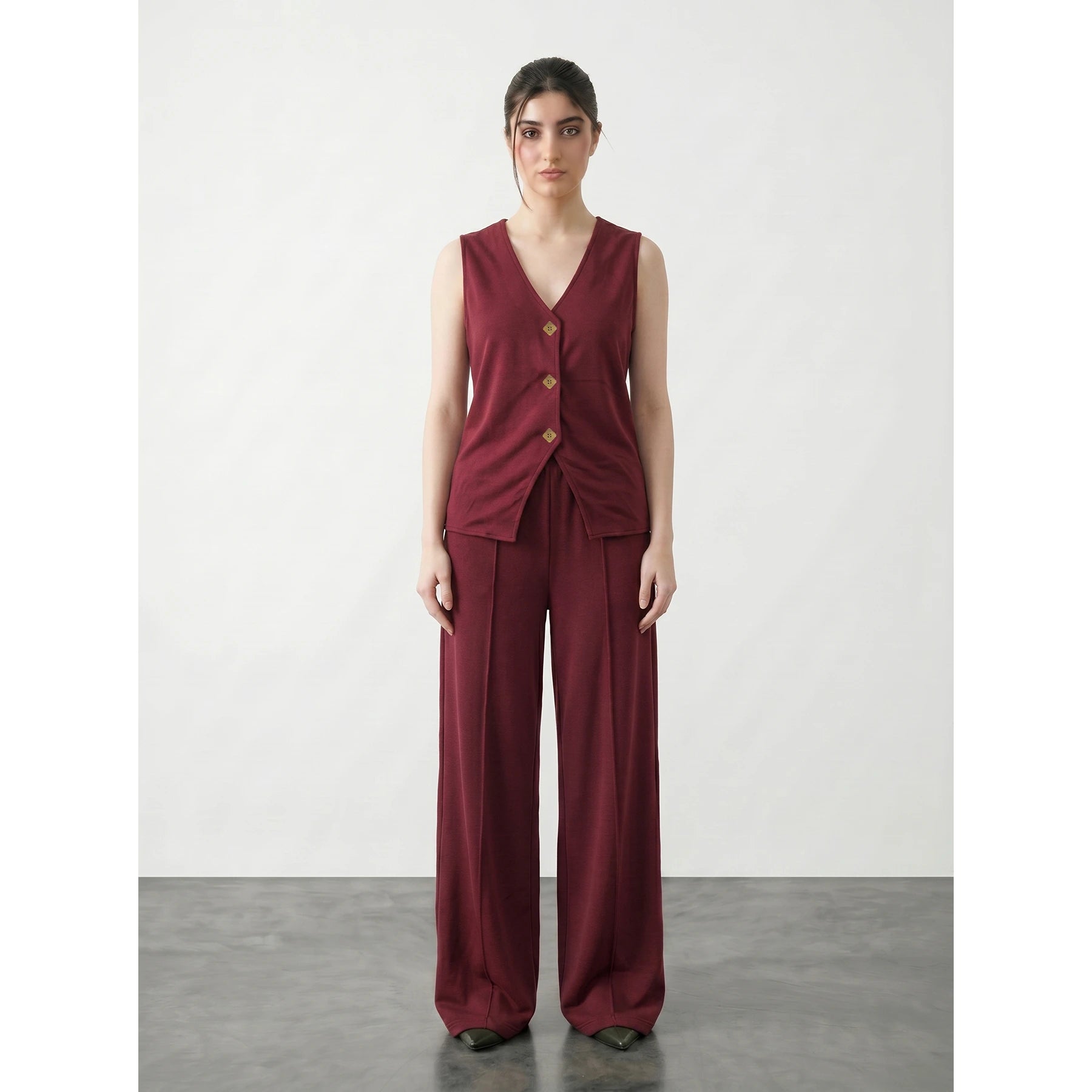 Burgundy V Neck Vest Top | Montivo Pakistan