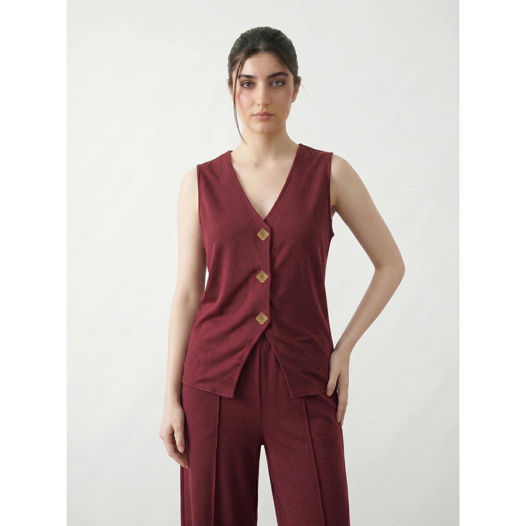Burgundy V Neck Vest Top | Montivo Pakistan