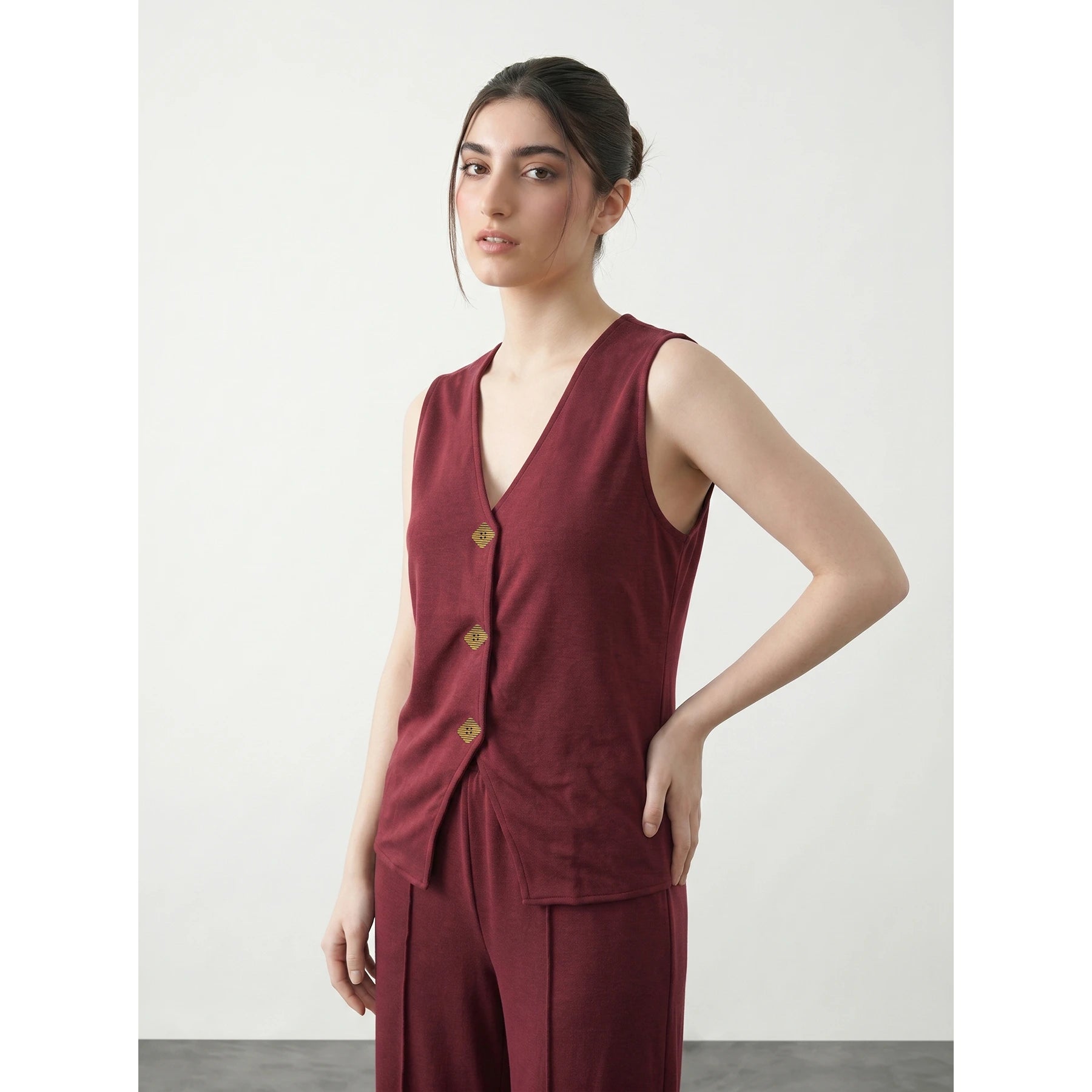 Burgundy V Neck Vest Top | Montivo Pakistan
