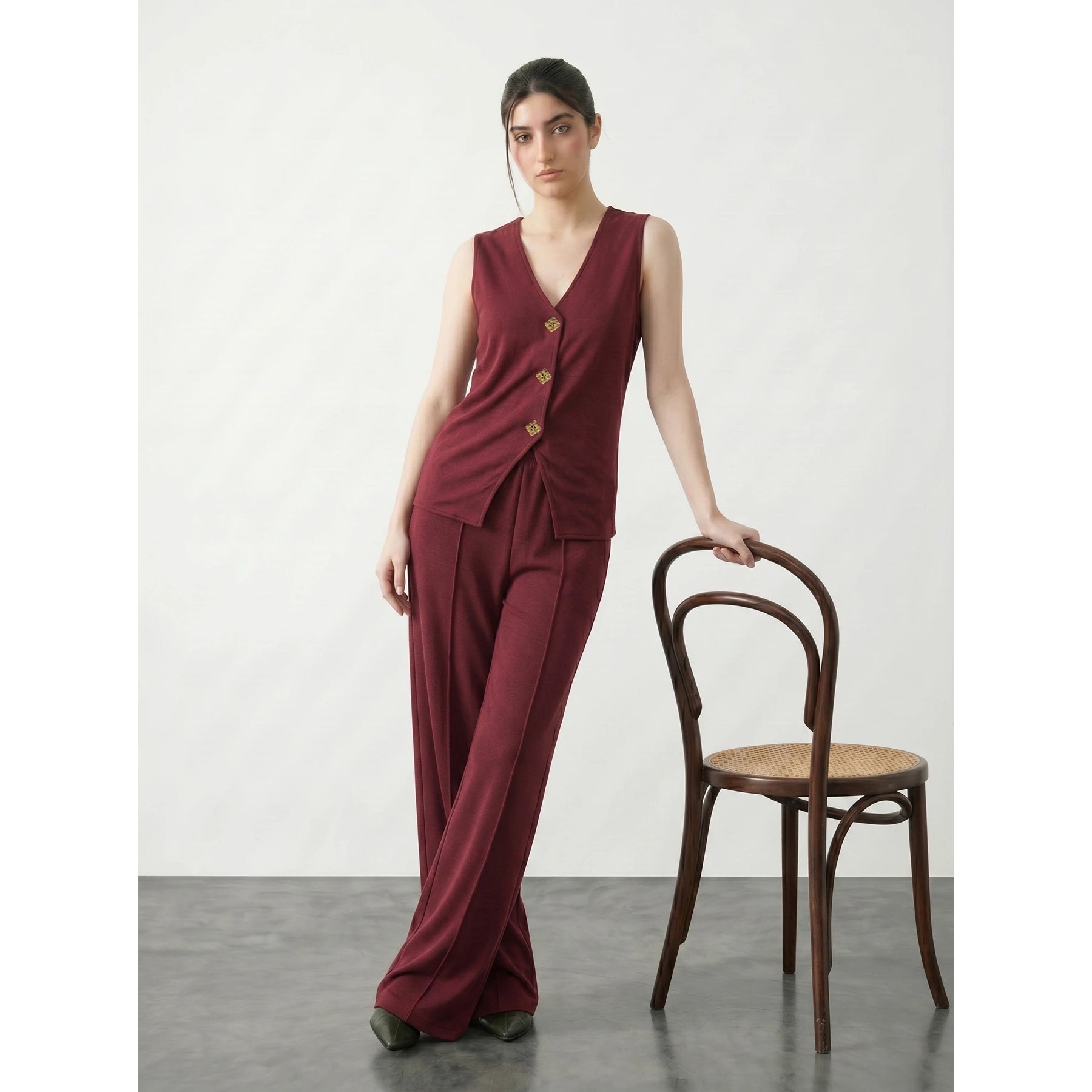 Burgundy V Neck Vest Top | Montivo Pakistan