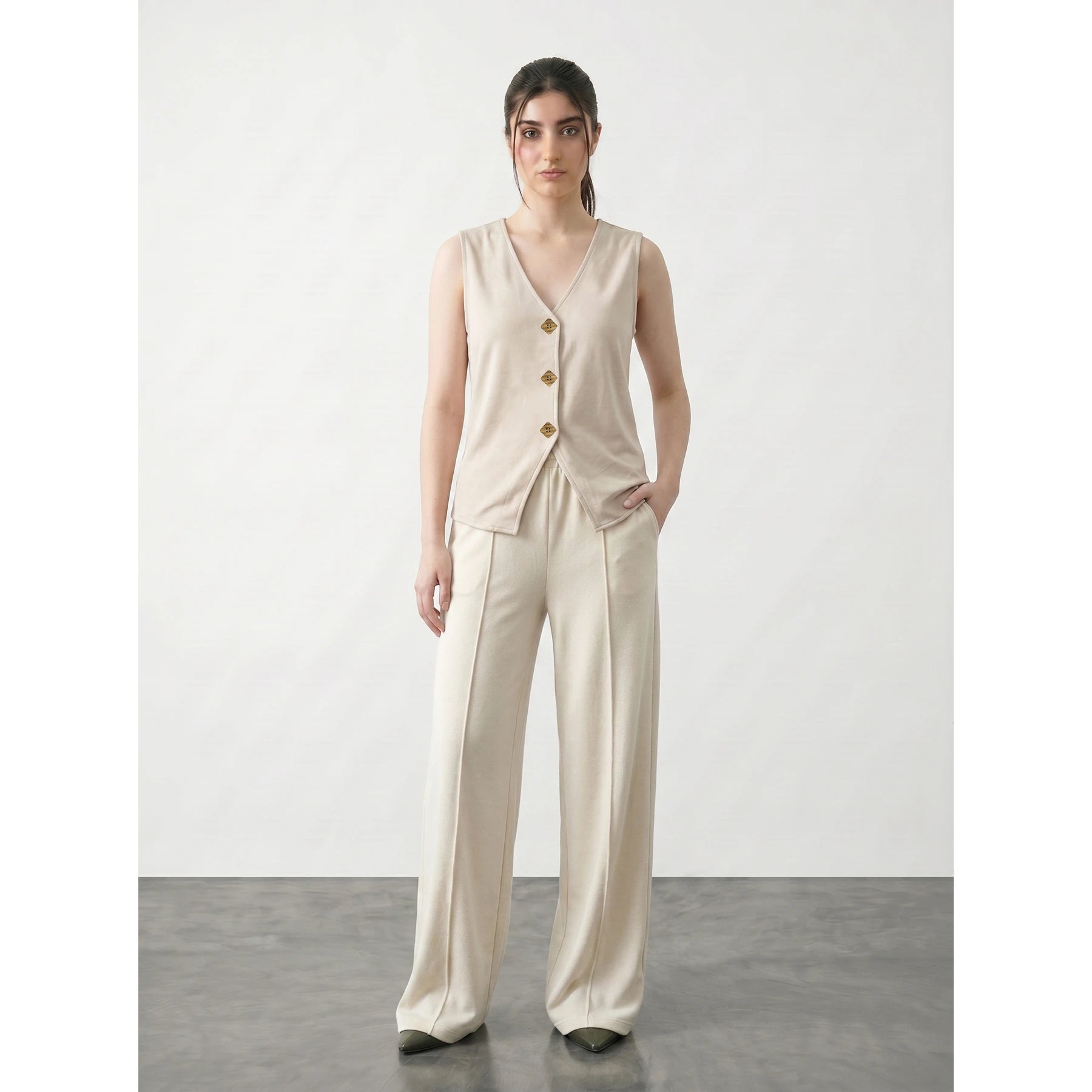 Beige V Neck Vest Top | Montivo Pakistan