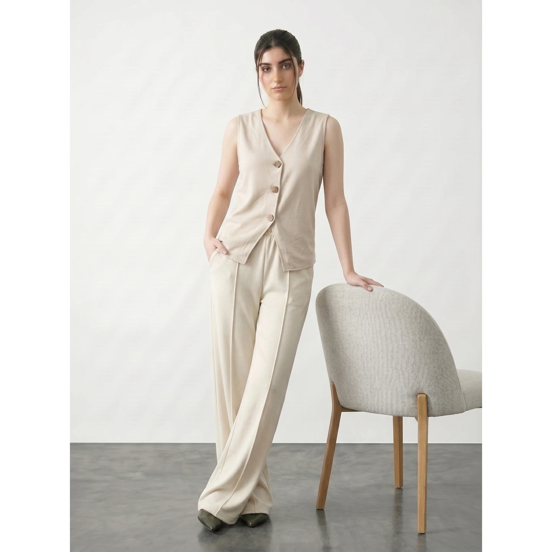 Beige V Neck Vest Top | Montivo Pakistan