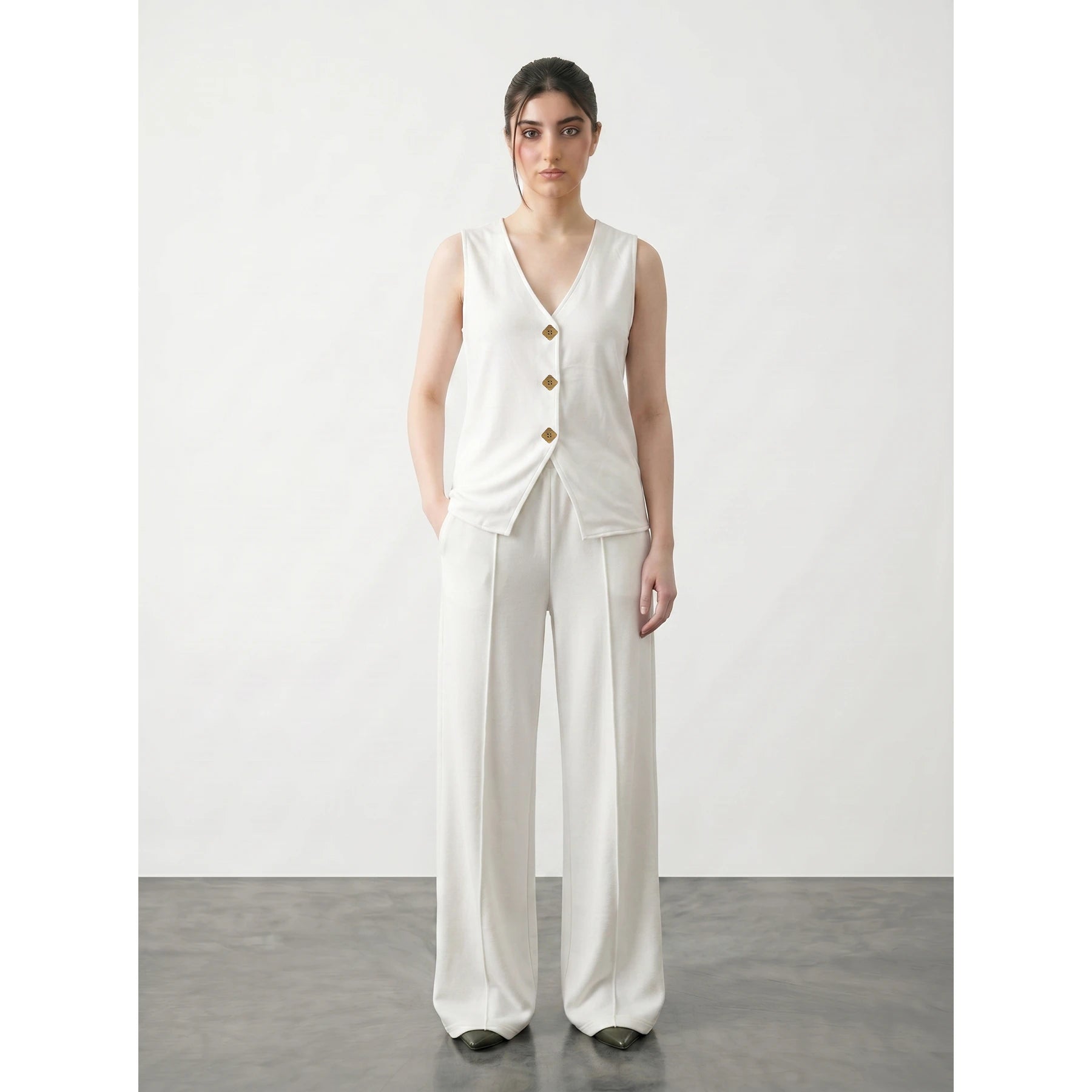 Off-White V Neck Vest Top | Montivo Pakistan